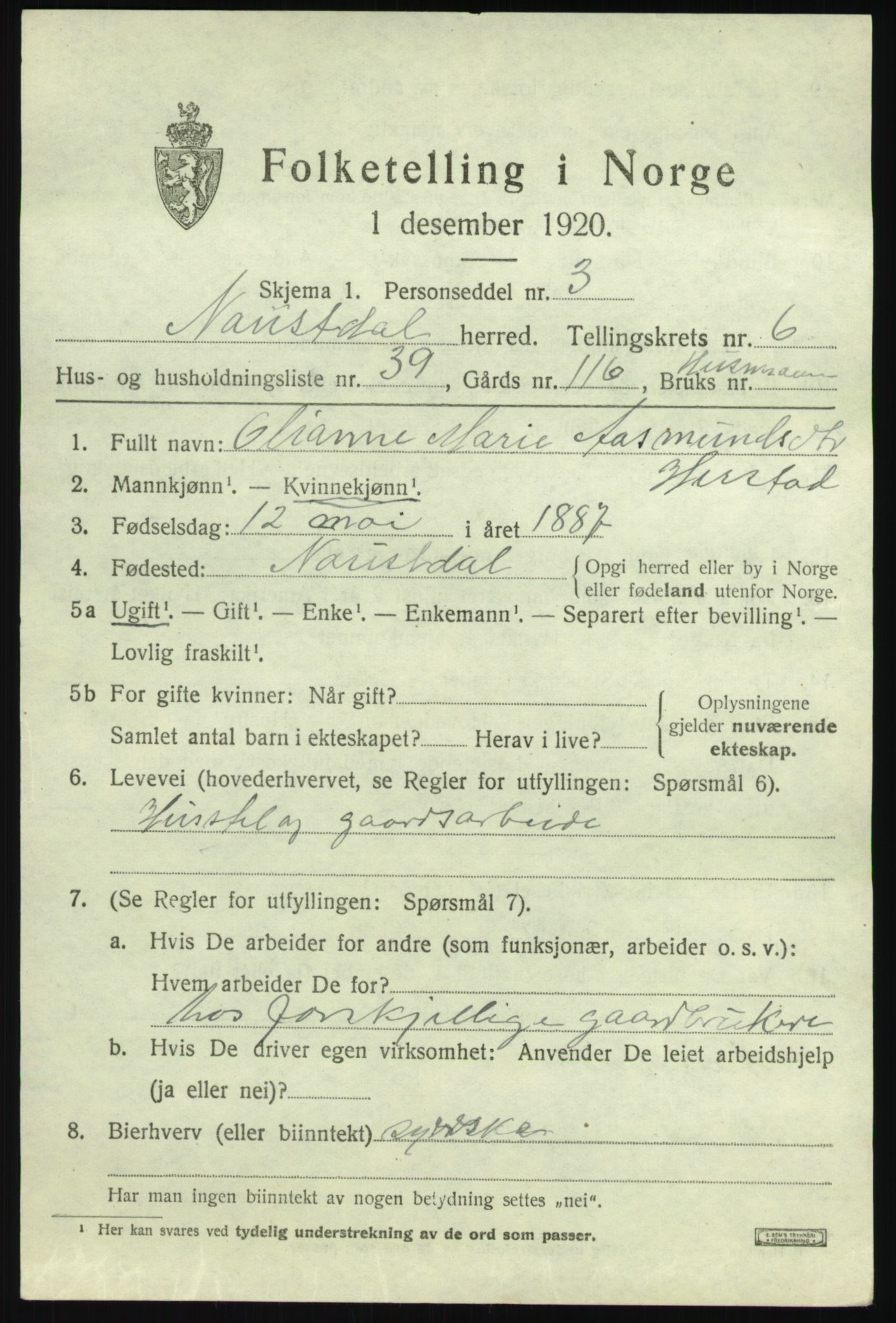 SAB, 1920 census for Naustdal, 1920, p. 4165