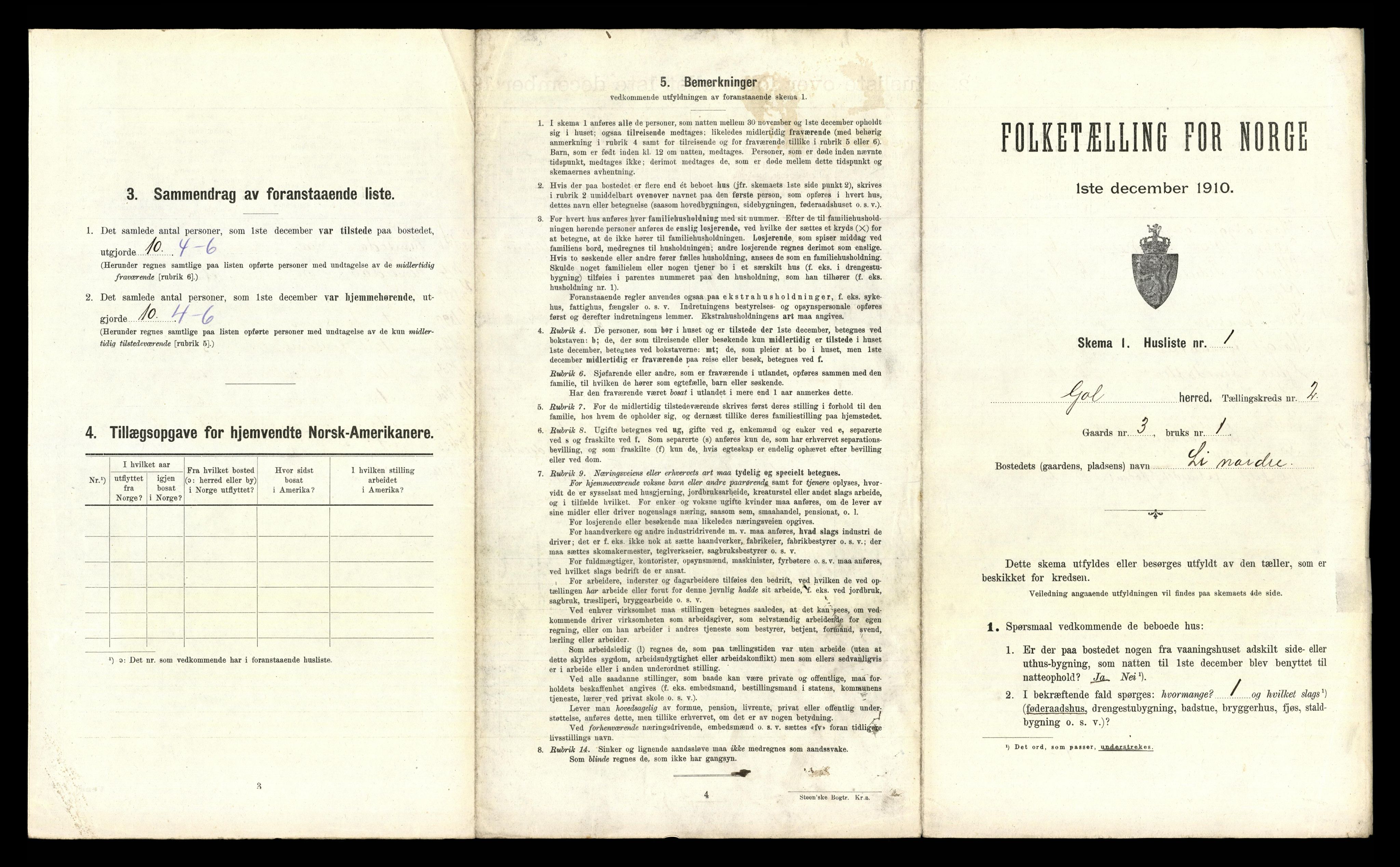 RA, 1910 census for Gol, 1910, p. 104