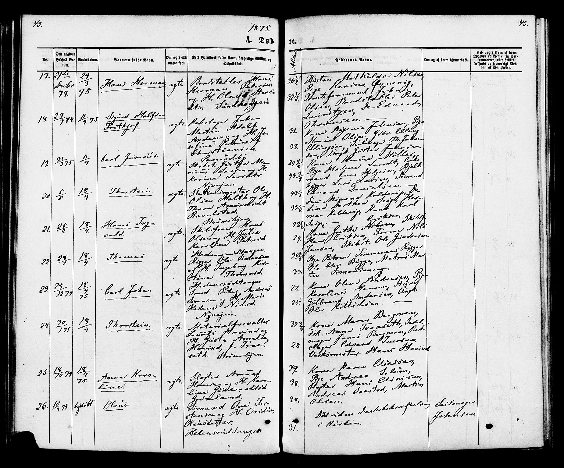 Strømsø kirkebøker, AV/SAKO-A-246/F/Fa/L0020: Parish register (official) no. I 20, 1870-1878, p. 43