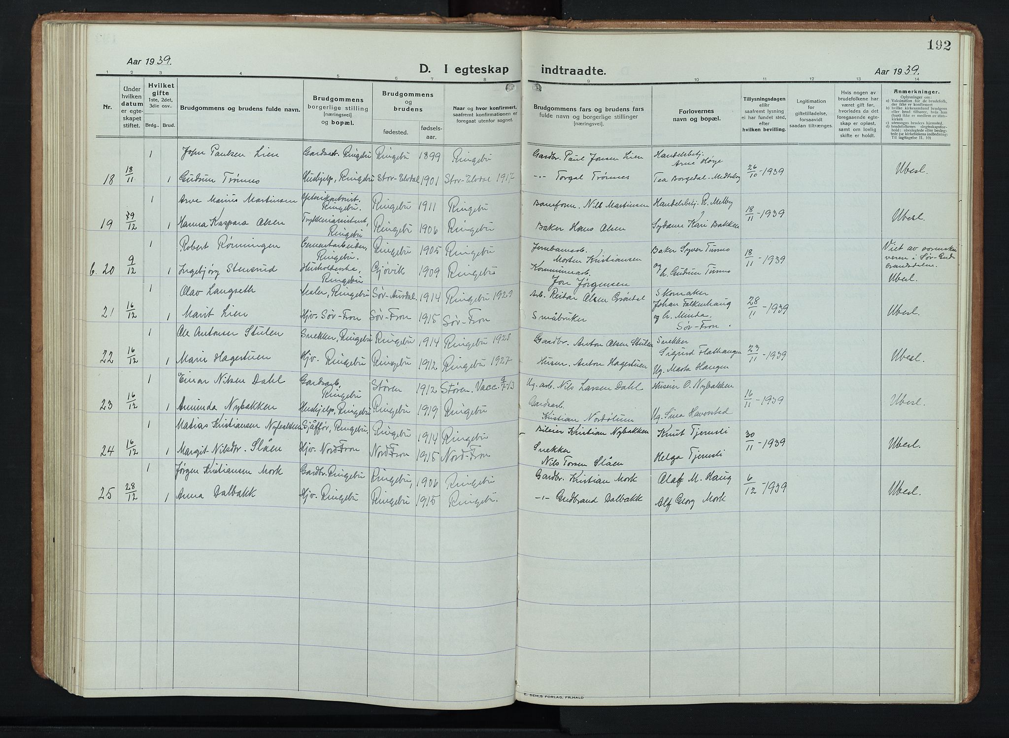 Ringebu prestekontor, SAH/PREST-082/H/Ha/Hab/L0011: Parish register (copy) no. 11, 1921-1943, p. 192