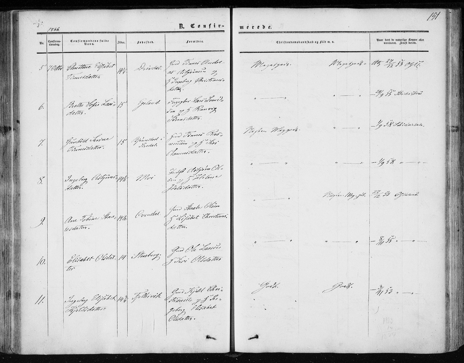 Lund sokneprestkontor, AV/SAST-A-101809/S06/L0009: Parish register (official) no. A 8, 1853-1877, p. 151