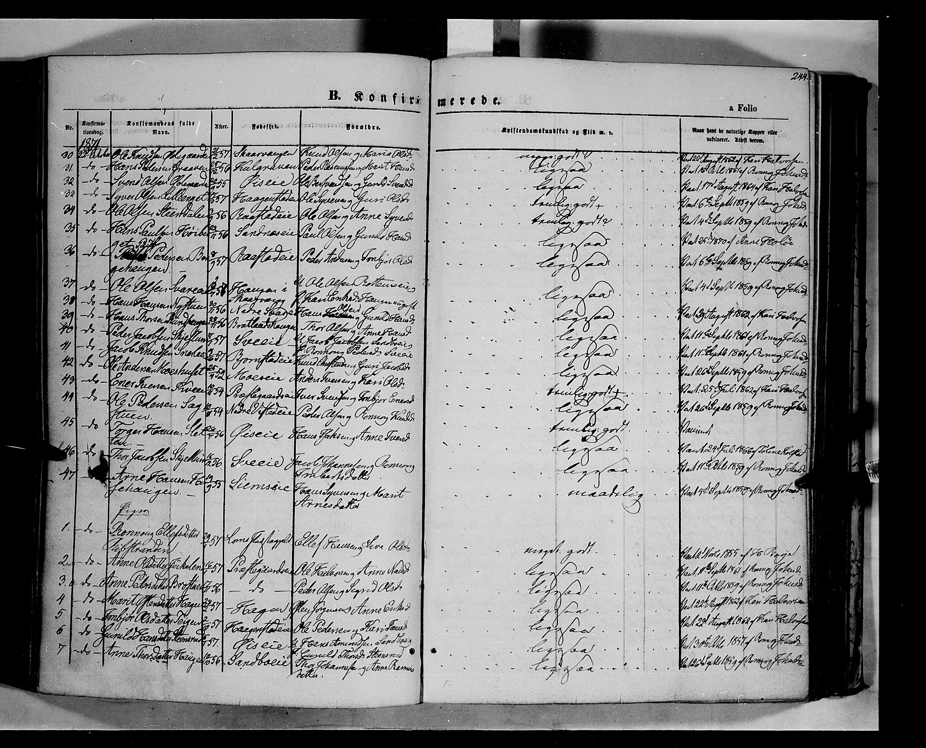 Vågå prestekontor, SAH/PREST-076/H/Ha/Haa/L0006: Parish register (official) no. 6 /1, 1856-1872, p. 244