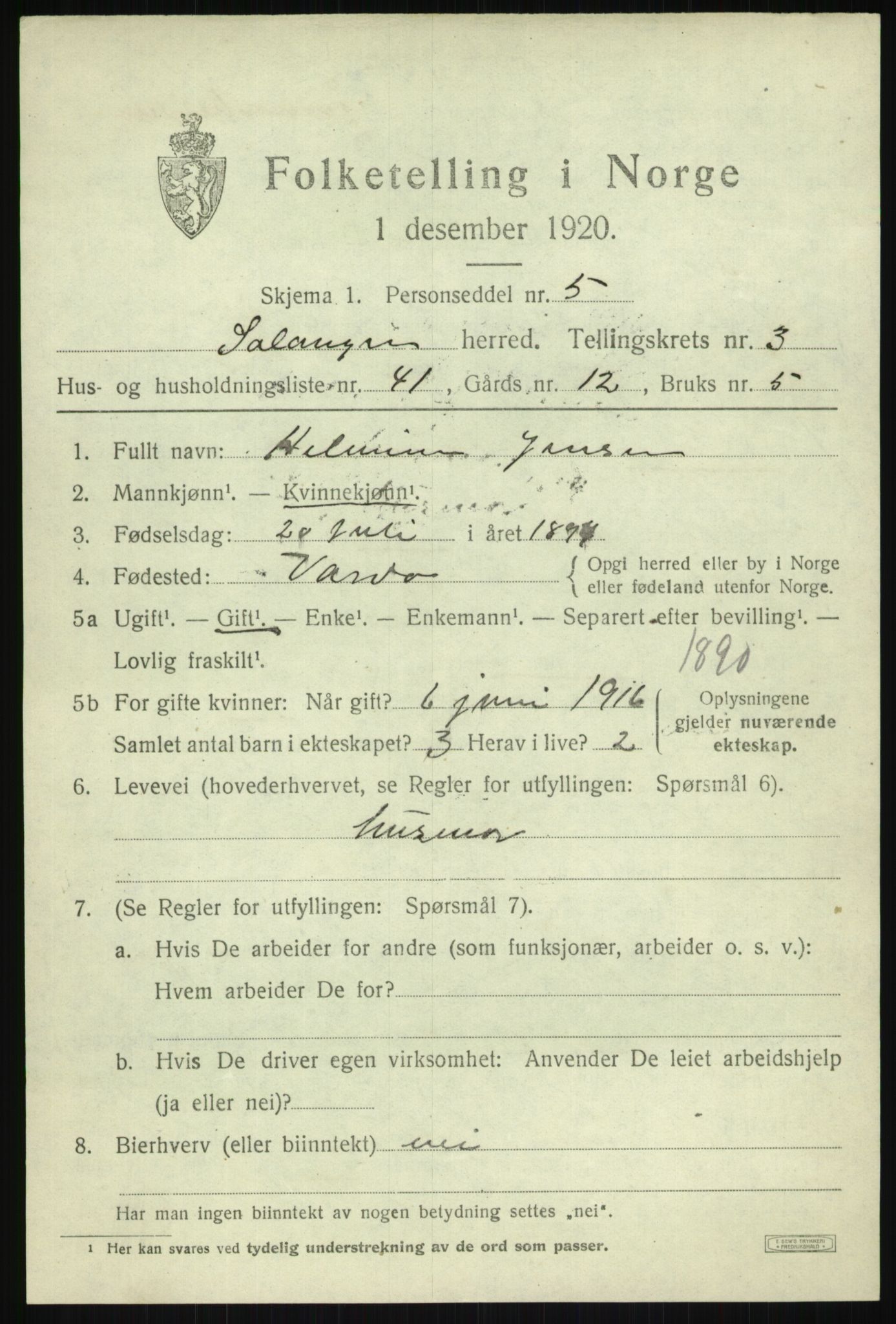 SATØ, 1920 census for Salangen, 1920, p. 2042