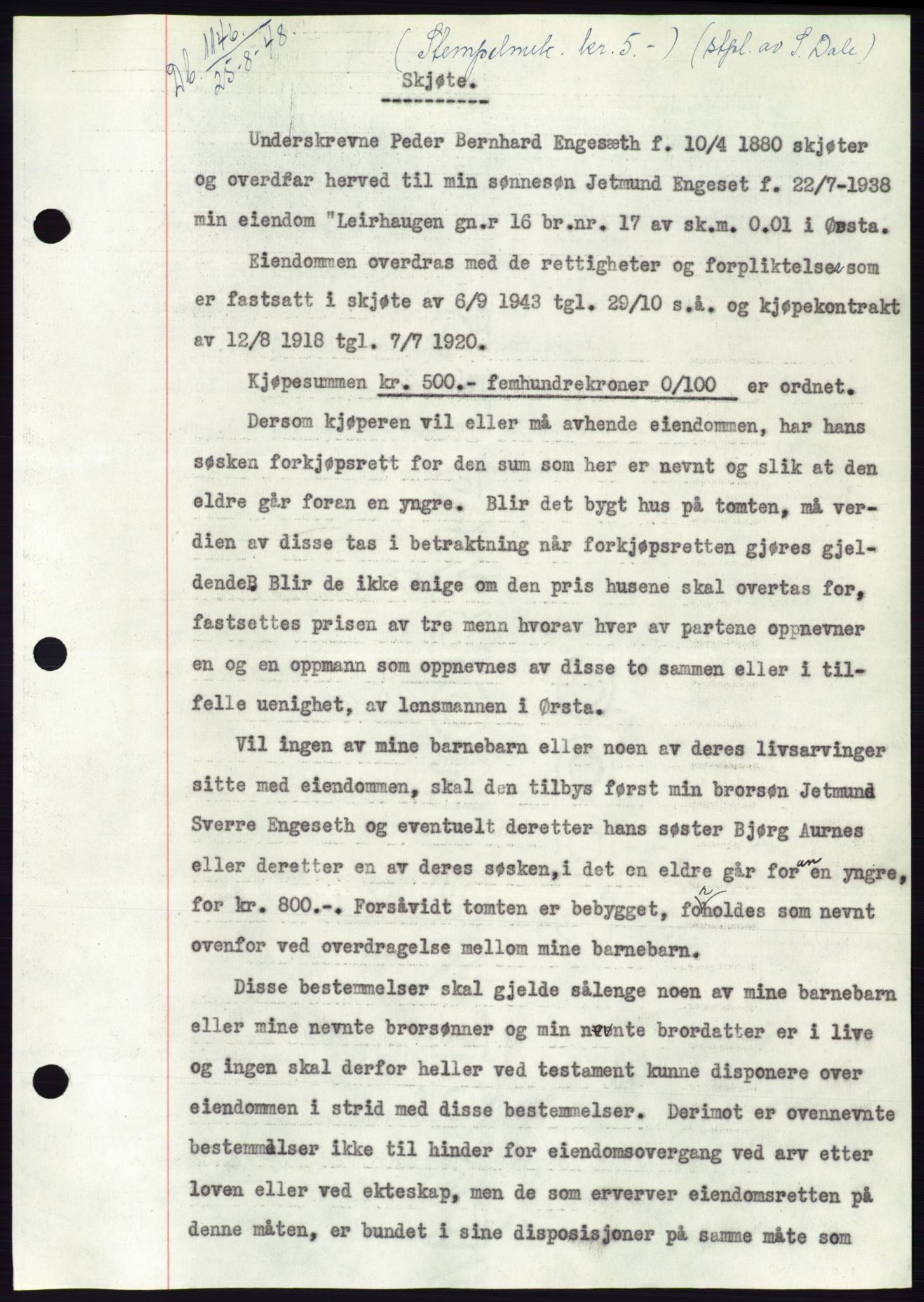 Søre Sunnmøre sorenskriveri, AV/SAT-A-4122/1/2/2C/L0082: Mortgage book no. 8A, 1948-1948, Diary no: : 1146/1948