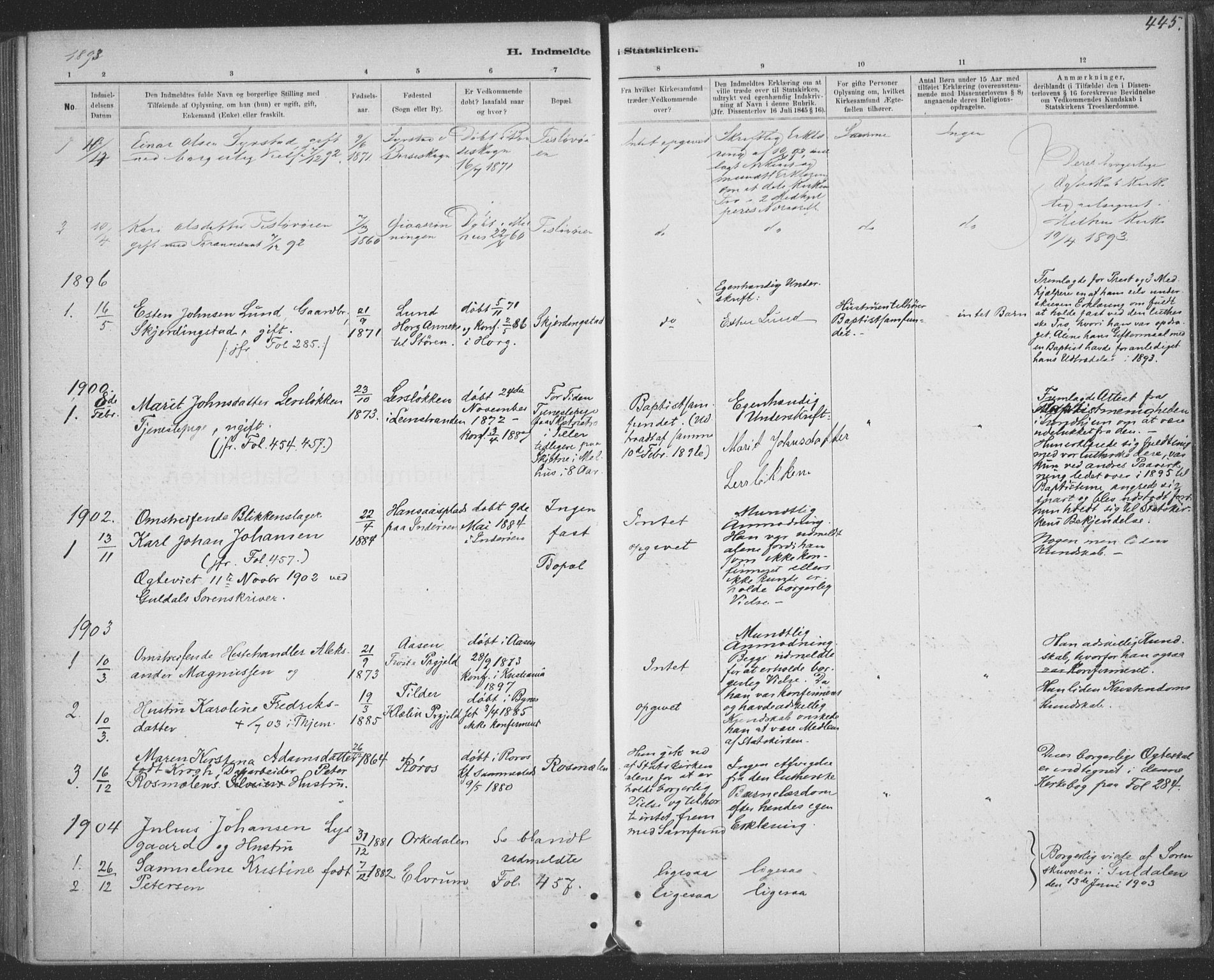 Ministerialprotokoller, klokkerbøker og fødselsregistre - Sør-Trøndelag, SAT/A-1456/691/L1085: Parish register (official) no. 691A17, 1887-1908, p. 445
