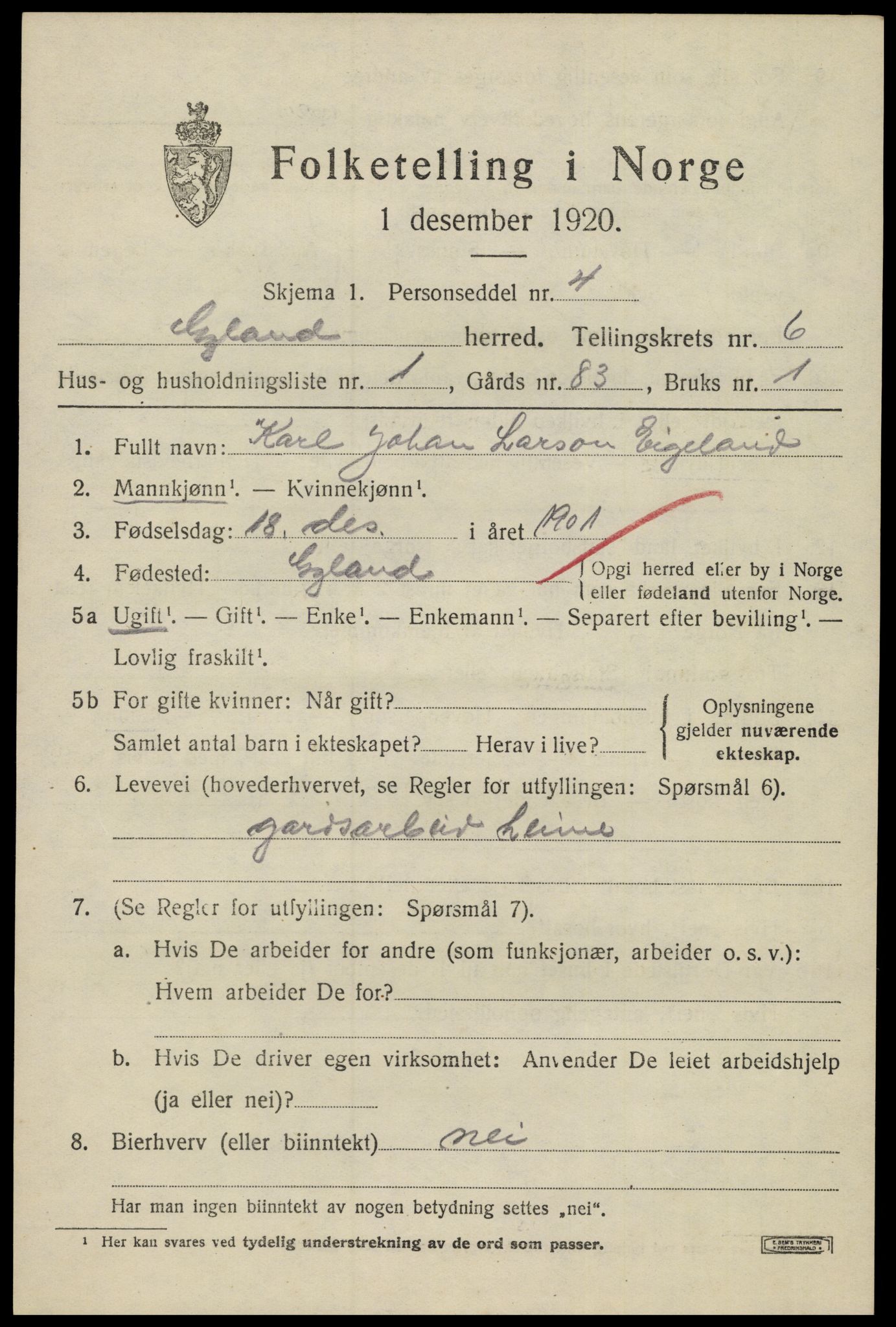 SAK, 1920 census for Gyland, 1920, p. 1326