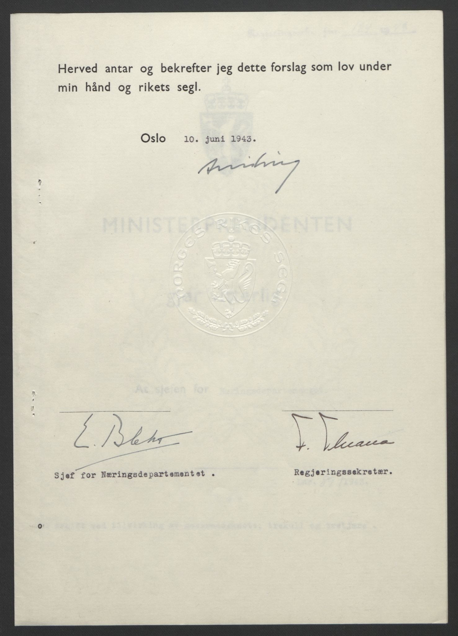 NS-administrasjonen 1940-1945 (Statsrådsekretariatet, de kommisariske statsråder mm), AV/RA-S-4279/D/Db/L0099: Lover, 1943, p. 407