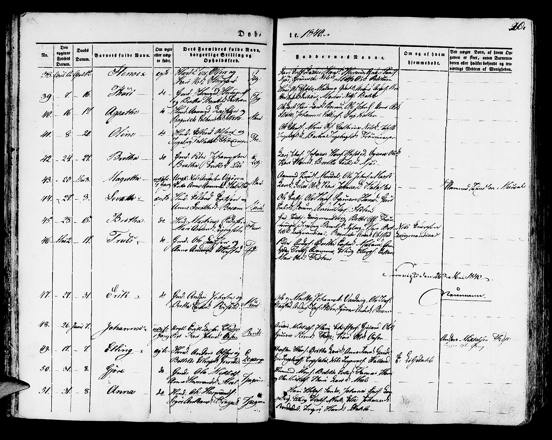 Leikanger sokneprestembete, AV/SAB-A-81001/H/Haa/Haaa/L0007: Parish register (official) no. A 7, 1838-1851, p. 20