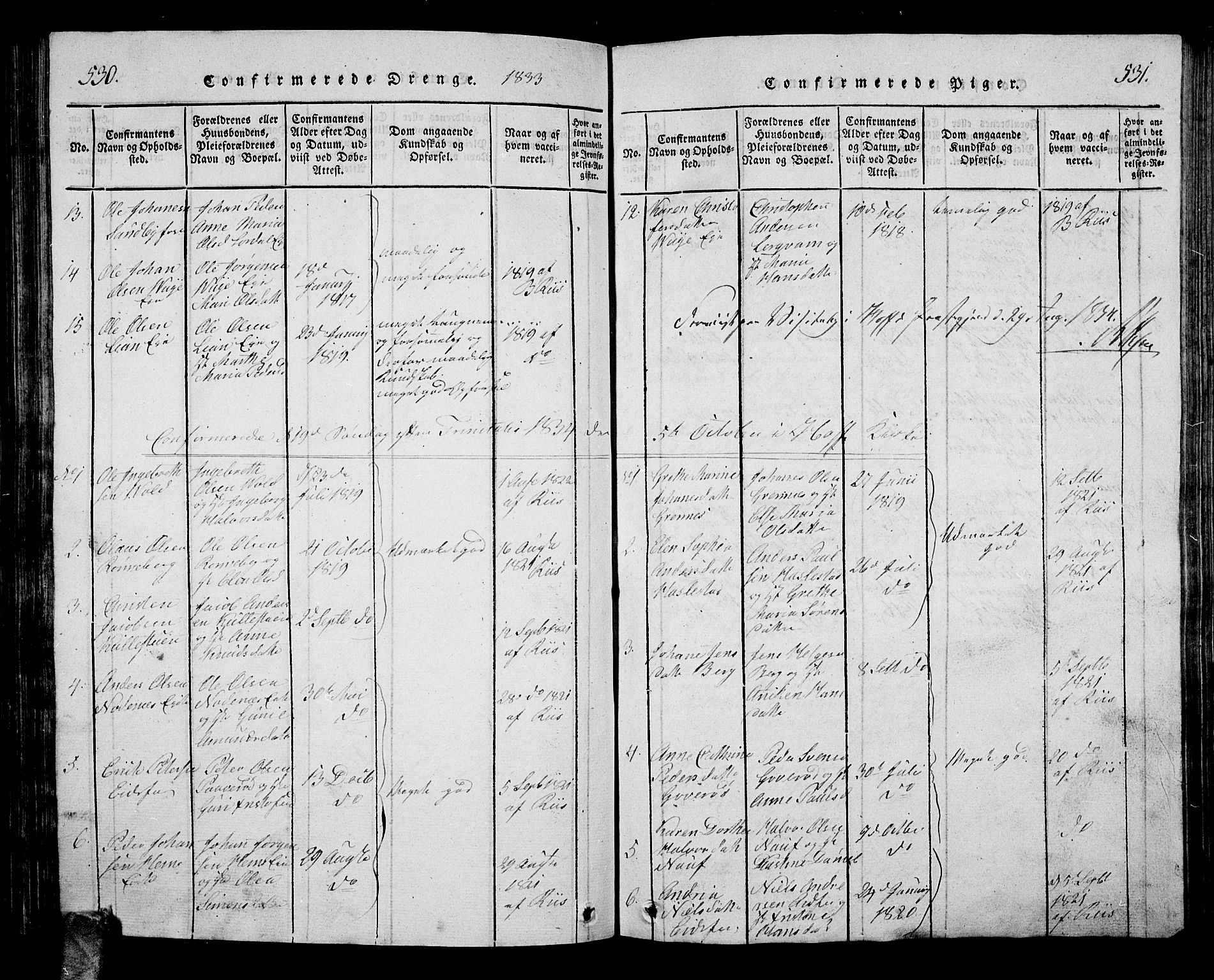 Hof kirkebøker, AV/SAKO-A-64/G/Ga/L0001: Parish register (copy) no. I 1, 1814-1844, p. 530-531