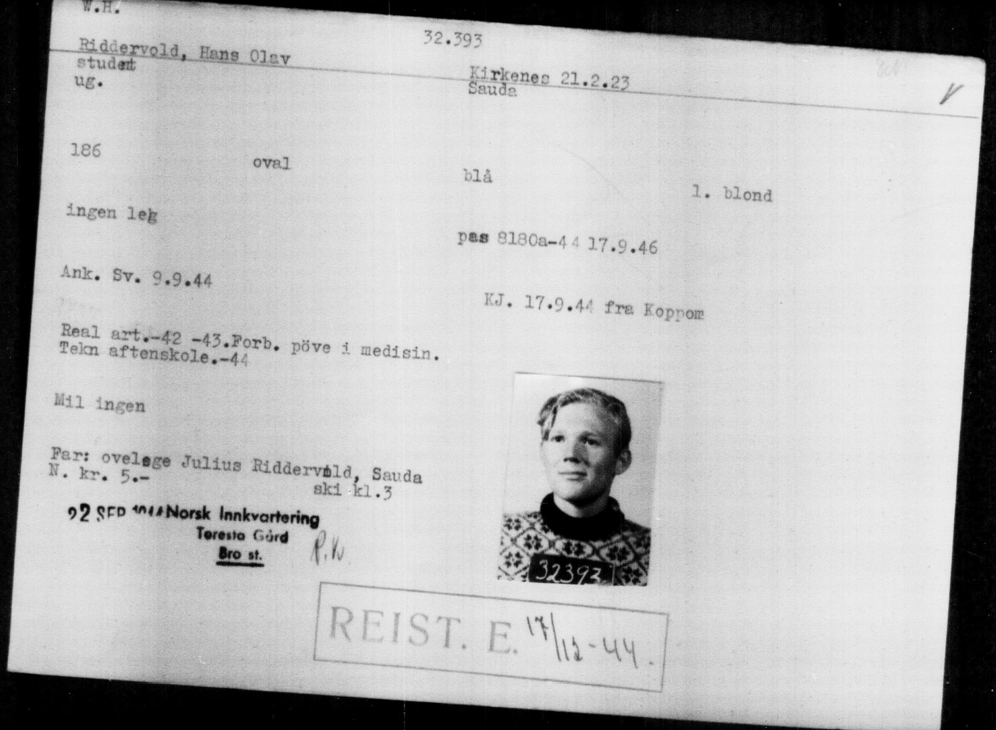 Utenriksstasjonene, Legasjonen i Stockholm, Flyktningkontoret, AV/RA-S-6753/V/Va/L0013: Kjesäterkartoteket, flyktninger med registreringsnr. 31500-34731, 1940-1945, p. 946