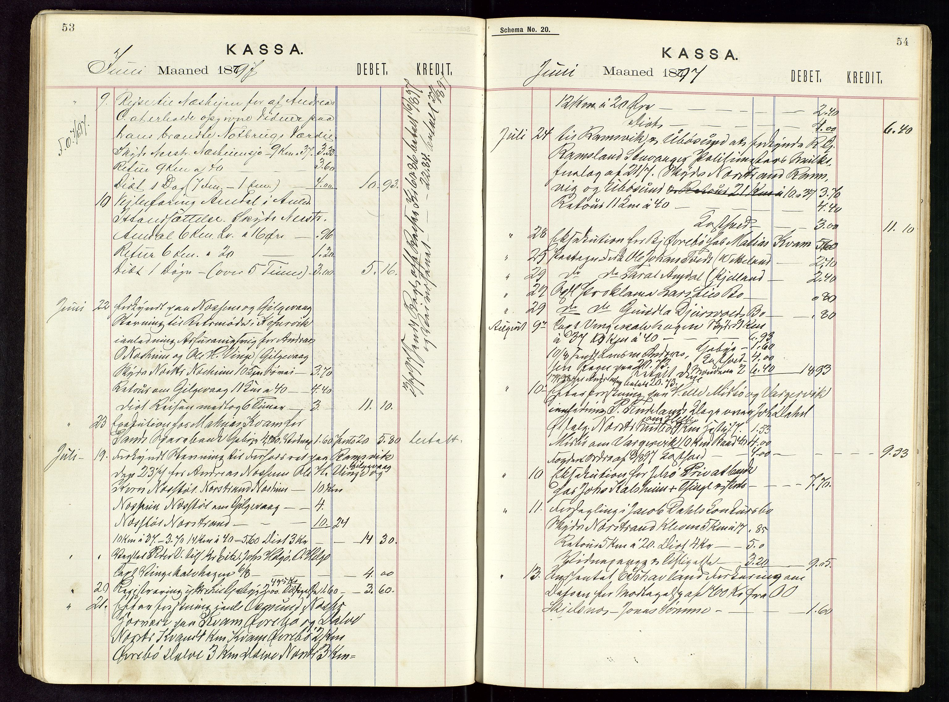 Nedstrand lensmannskontor, AV/SAST-A-100236/Rf/L0001: Skyss- og kostgodtgjørelse reiser, 1891-1898, p. 53-54