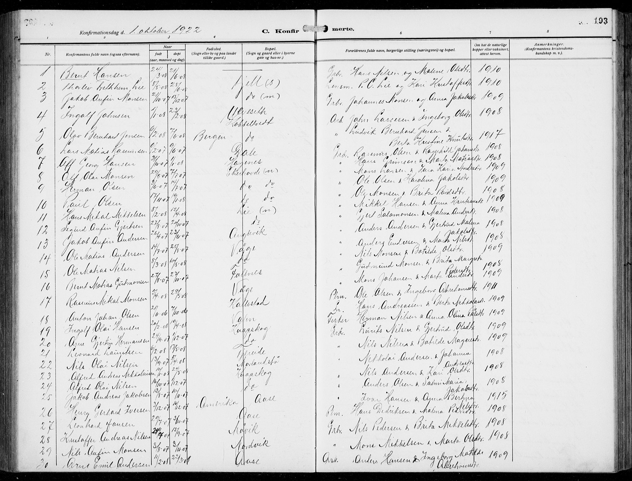 Fjell sokneprestembete, AV/SAB-A-75301/H/Hab: Parish register (copy) no. A  6, 1918-1936, p. 193