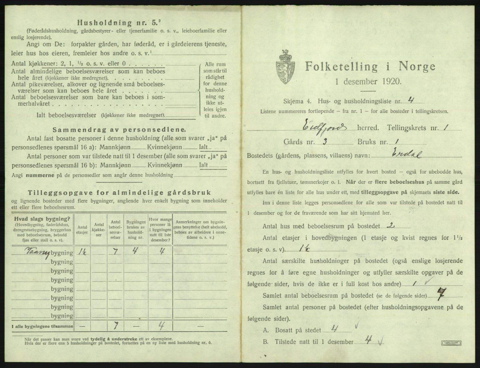 SAB, 1920 census for Eidfjord, 1920, p. 34