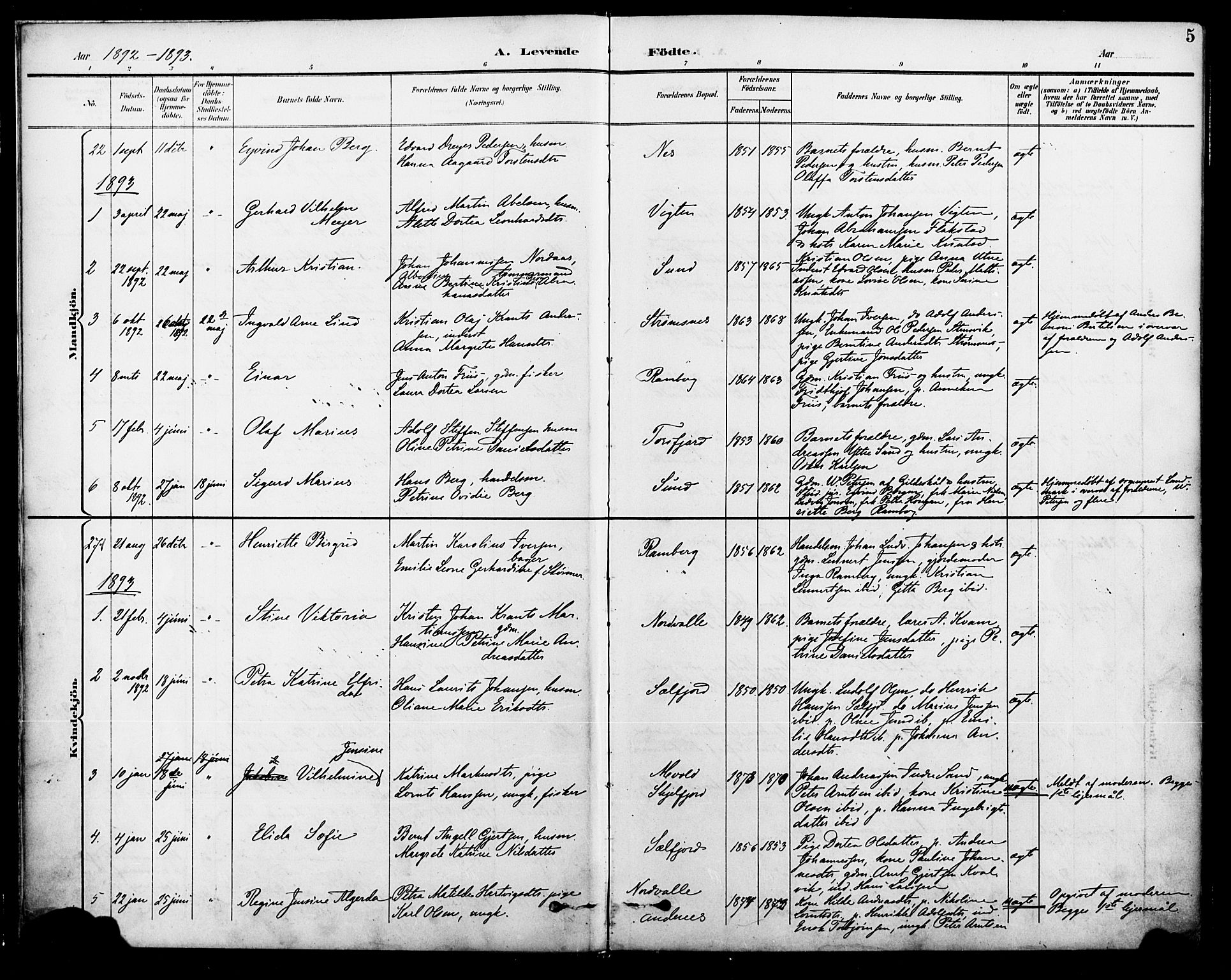 Ministerialprotokoller, klokkerbøker og fødselsregistre - Nordland, SAT/A-1459/885/L1205: Parish register (official) no. 885A06, 1892-1905, p. 5