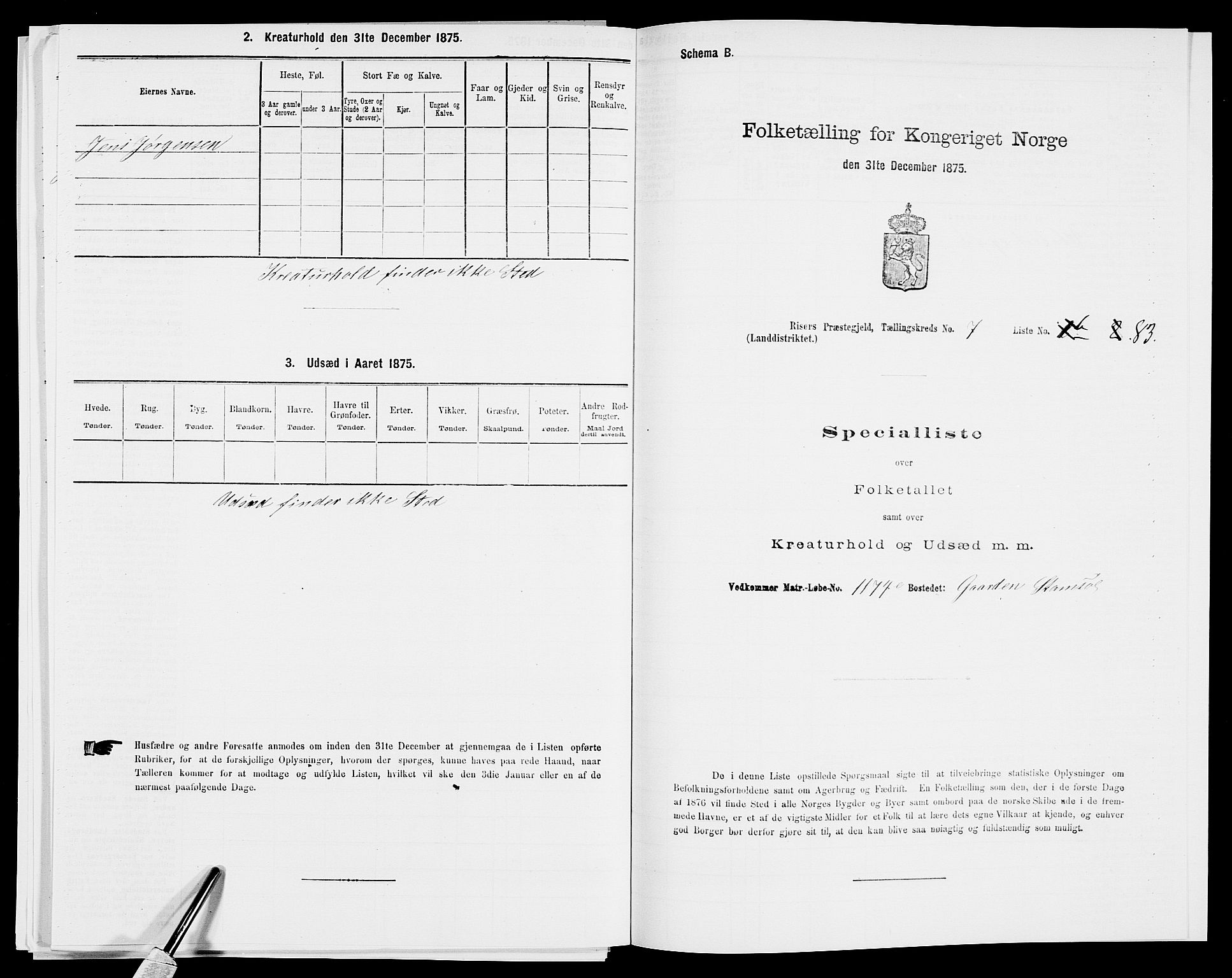 SAK, 1875 census for 0913L Risør/Søndeled, 1875, p. 1251