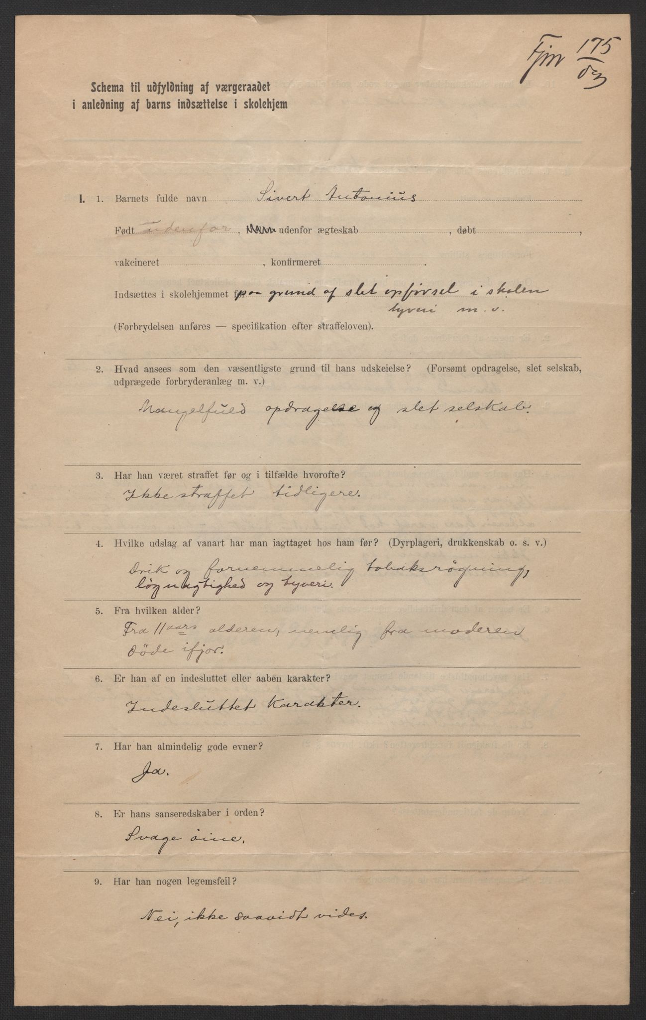 Falstad skolehjem, RA/S-1676/E/Eb/L0005: Elevmapper løpenr. 99-120, 1902-1909, p. 263