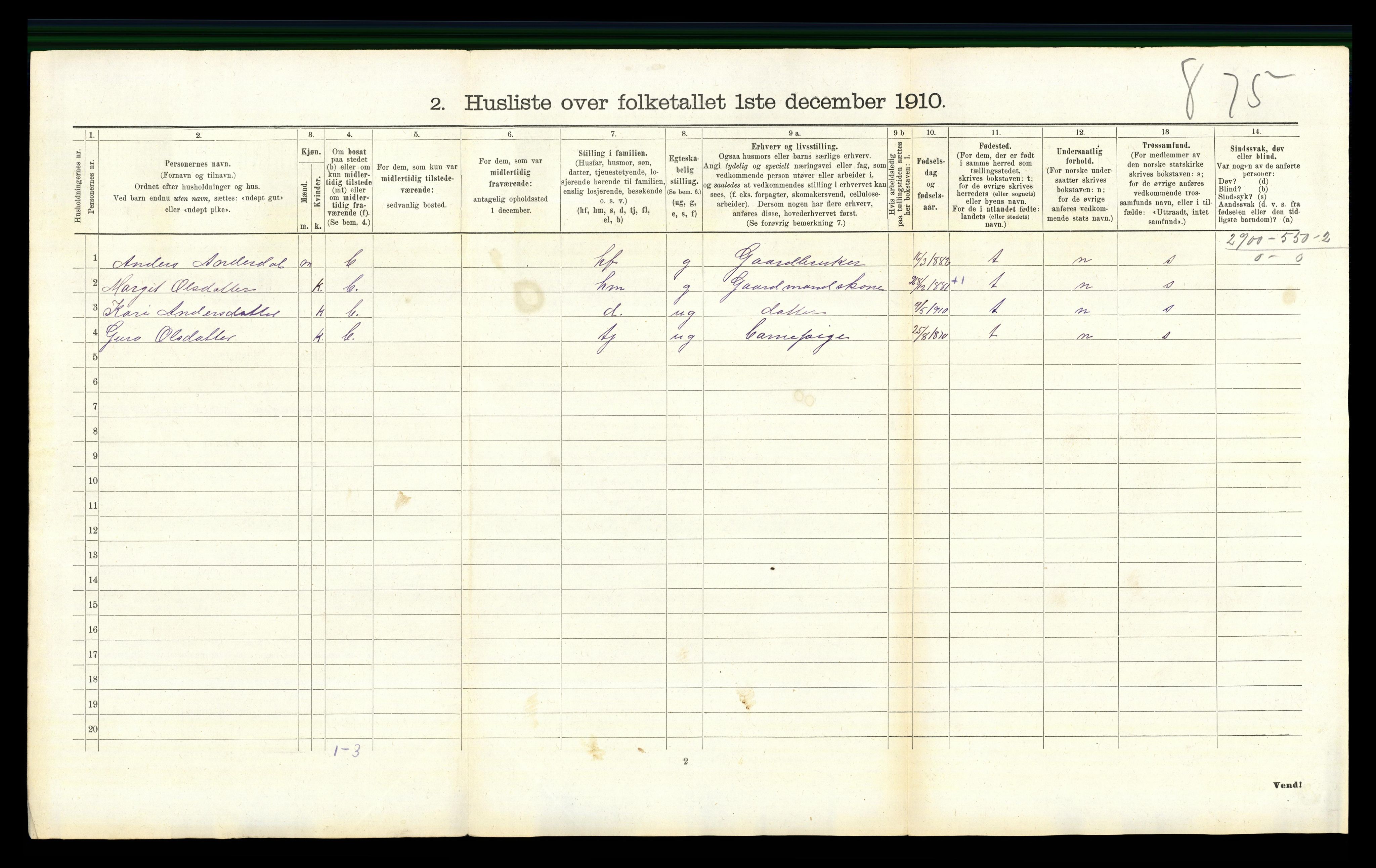 RA, 1910 census for Hemsedal, 1910, p. 351