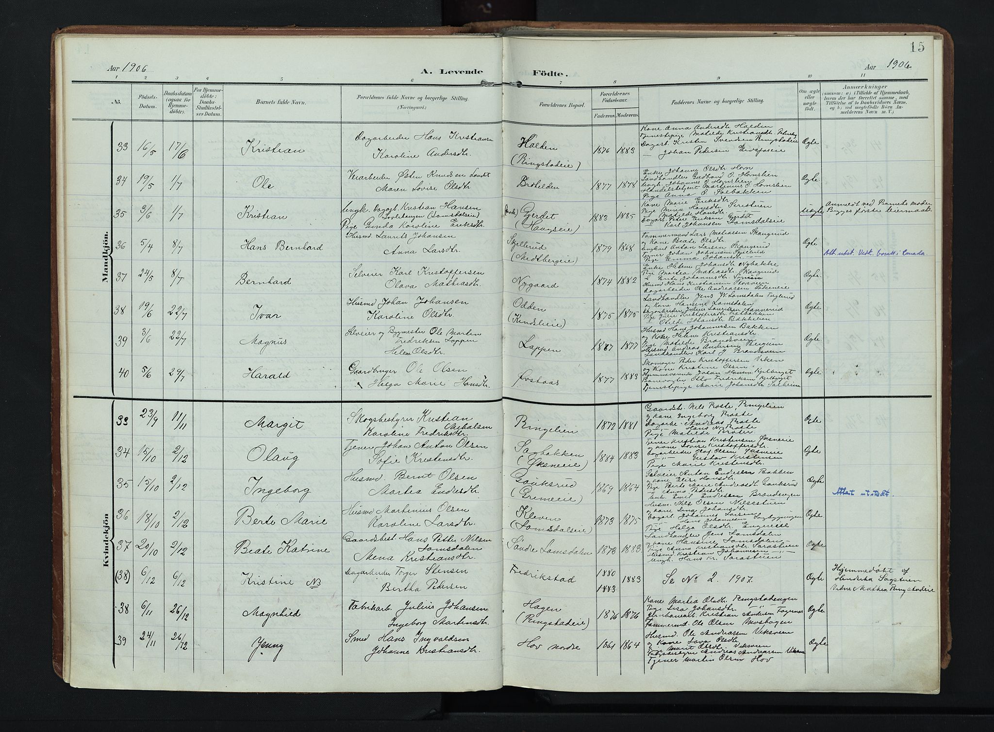 Søndre Land prestekontor, AV/SAH-PREST-122/K/L0007: Parish register (official) no. 7, 1905-1914, p. 15