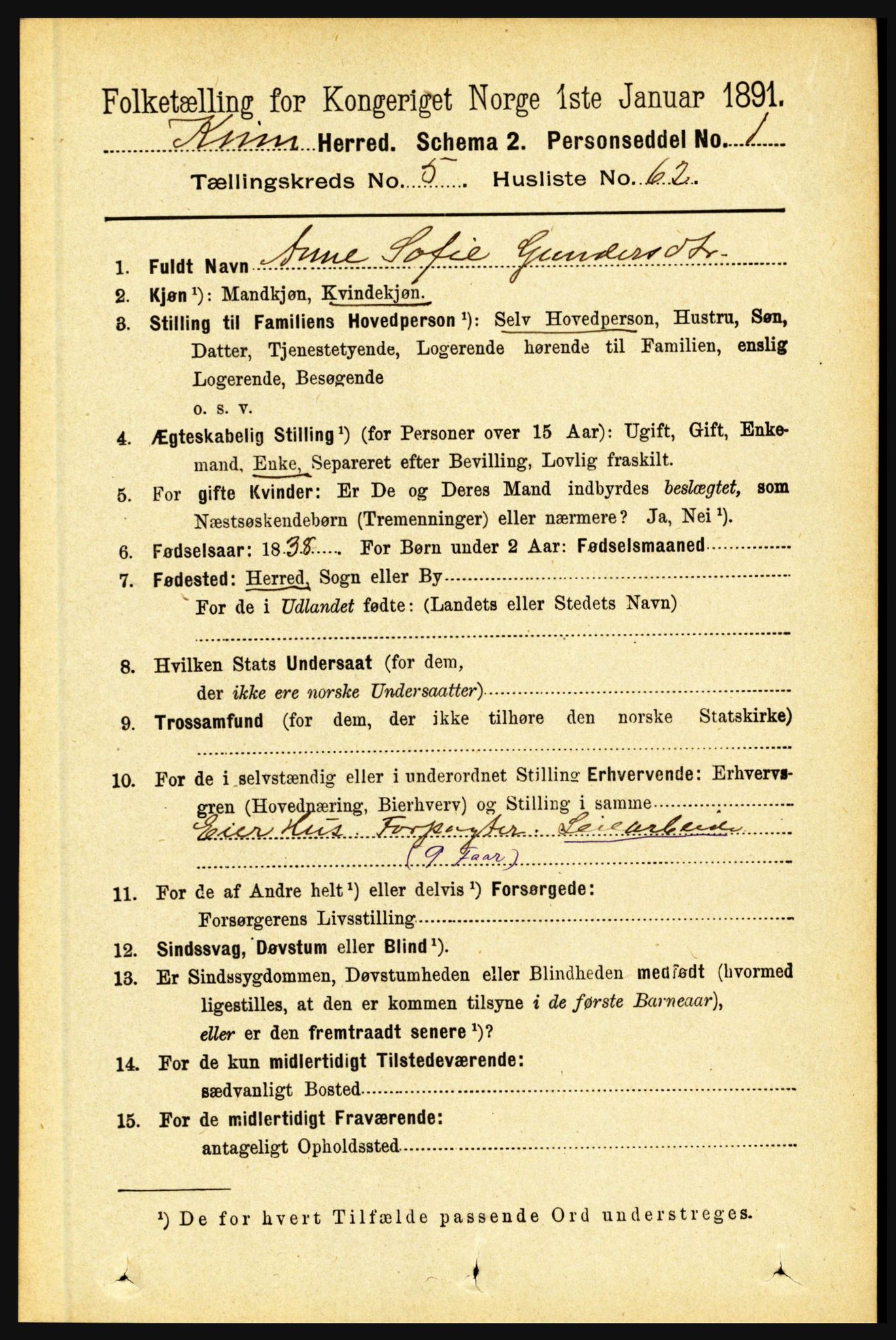 RA, 1891 census for 1437 Kinn, 1891, p. 2153