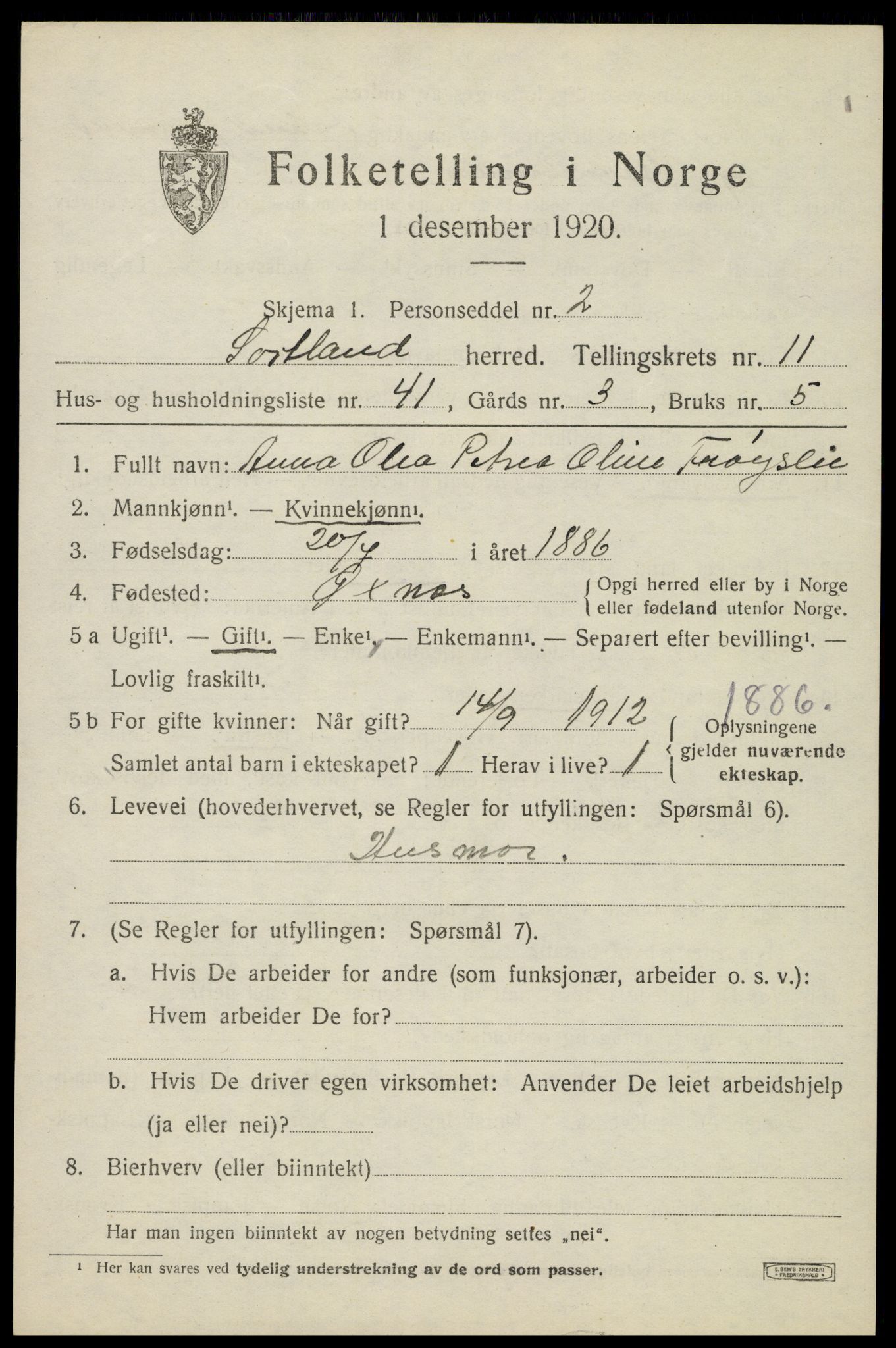 SAT, 1920 census for Sortland, 1920, p. 8594