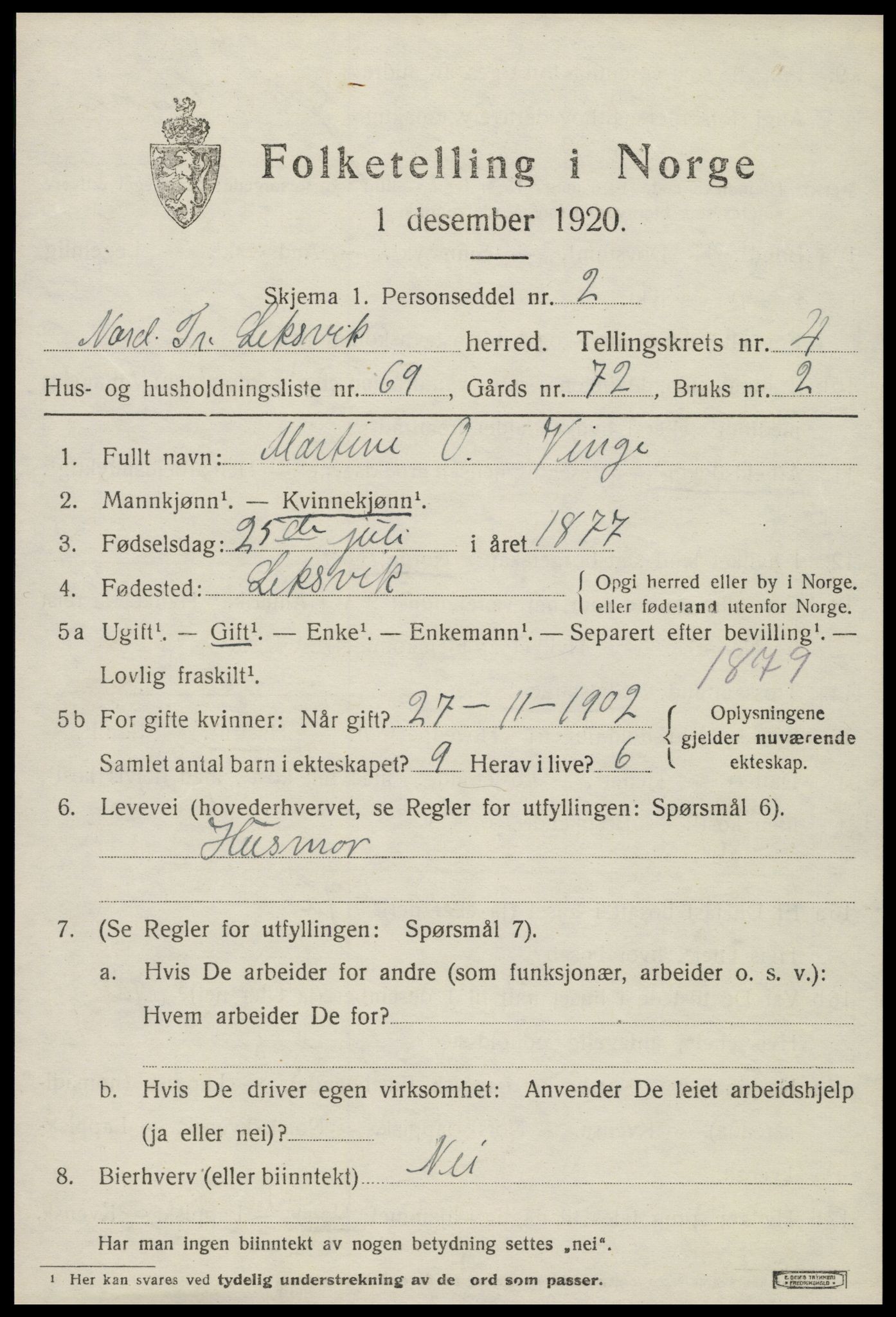 SAT, 1920 census for Leksvik, 1920, p. 4404