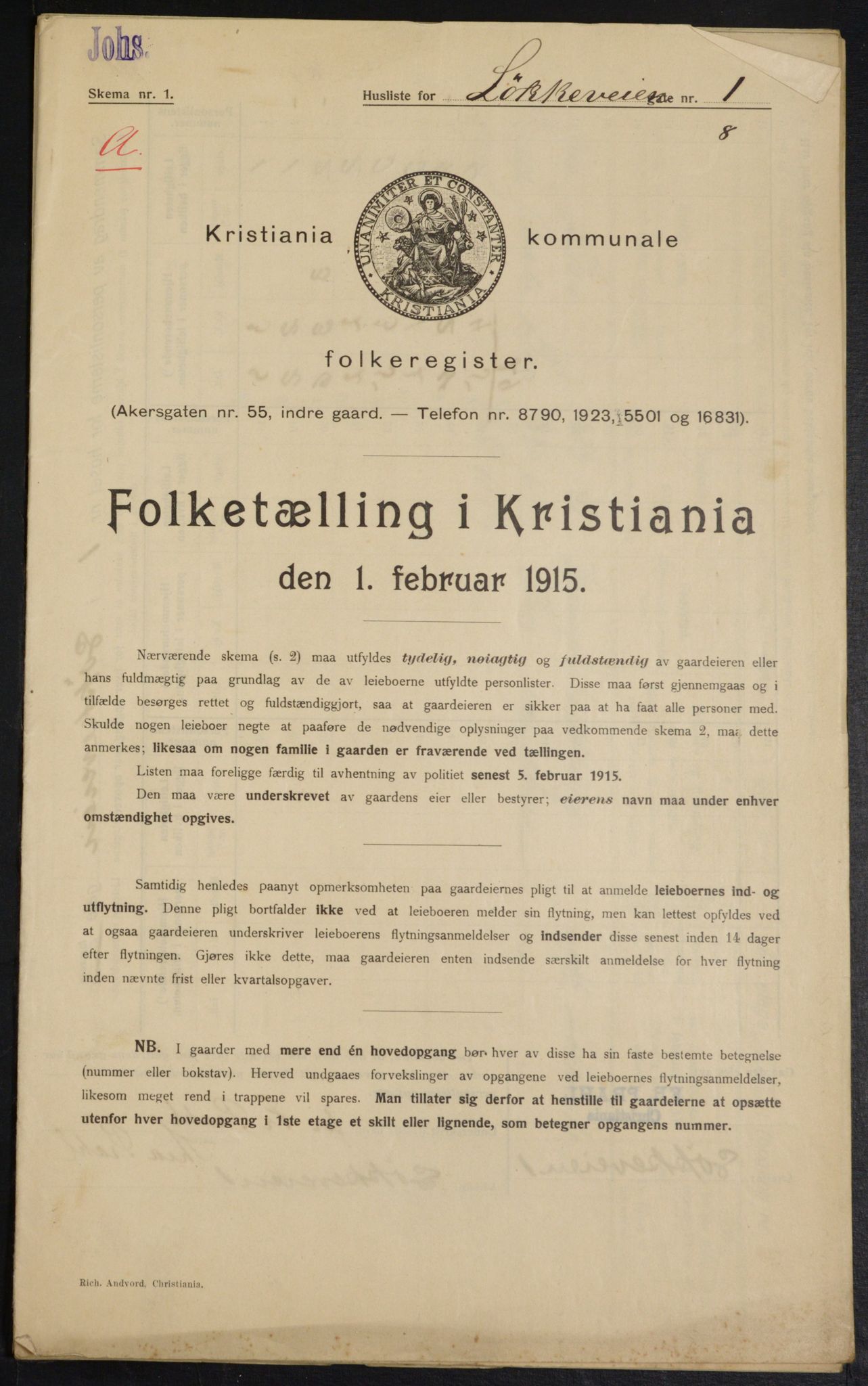 OBA, Municipal Census 1915 for Kristiania, 1915, p. 58006