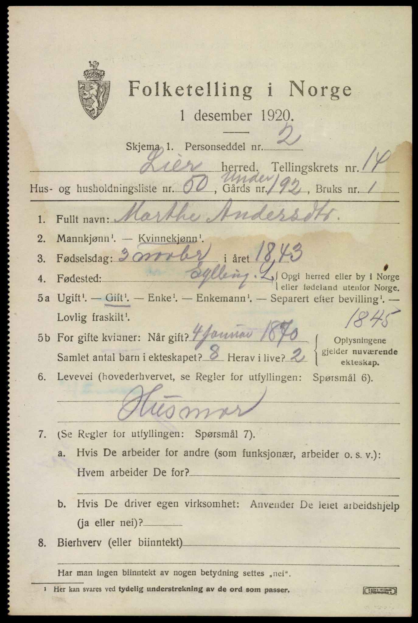 SAKO, 1920 census for Lier, 1920, p. 22602