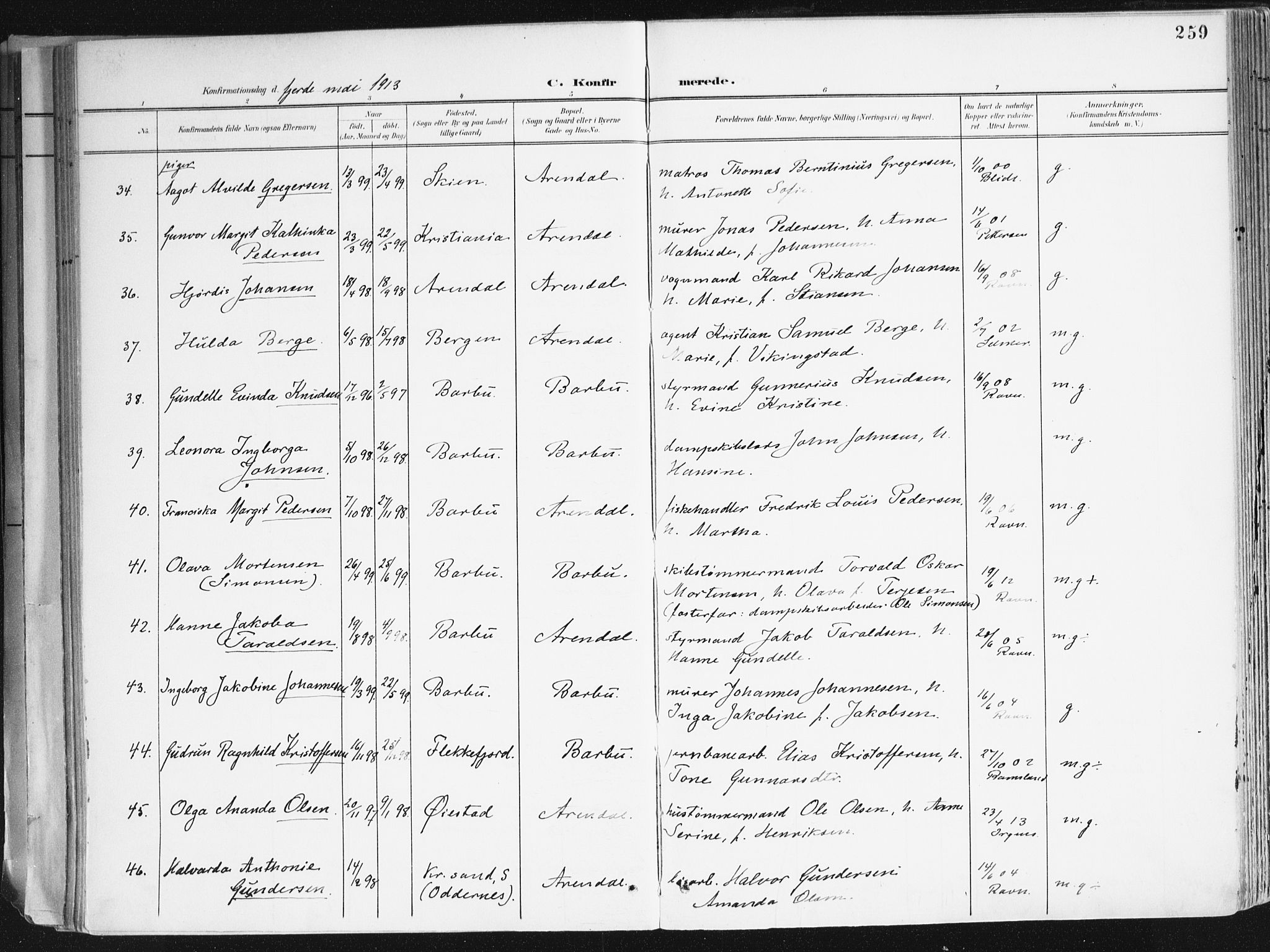 Arendal sokneprestkontor, Trefoldighet, AV/SAK-1111-0040/F/Fa/L0010: Parish register (official) no. A 10, 1900-1919, p. 259