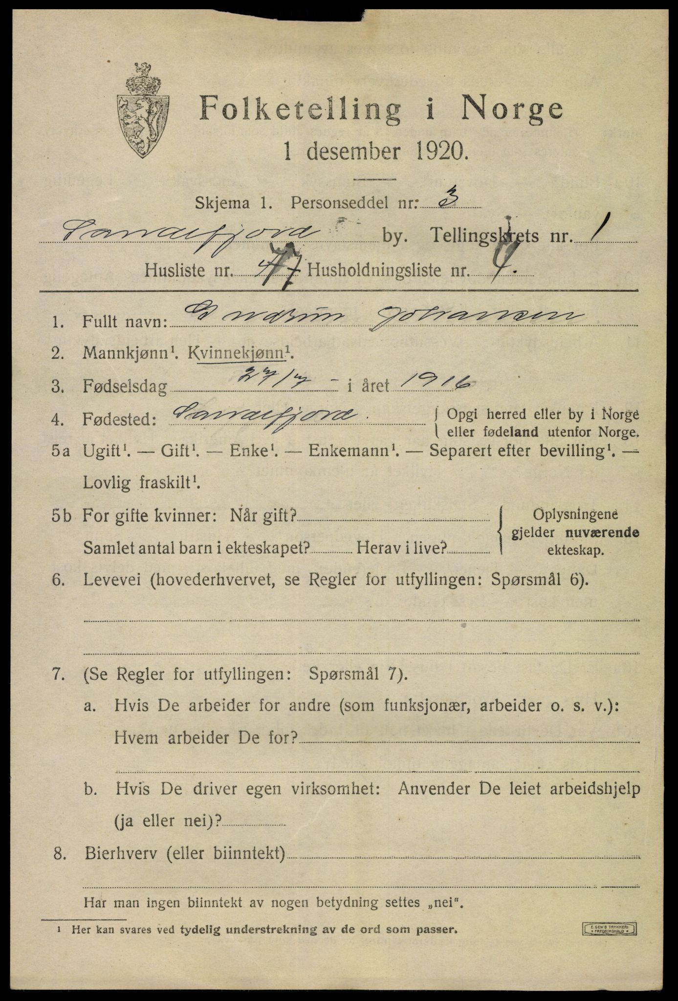 SAKO, 1920 census for Sandefjord, 1920, p. 5412