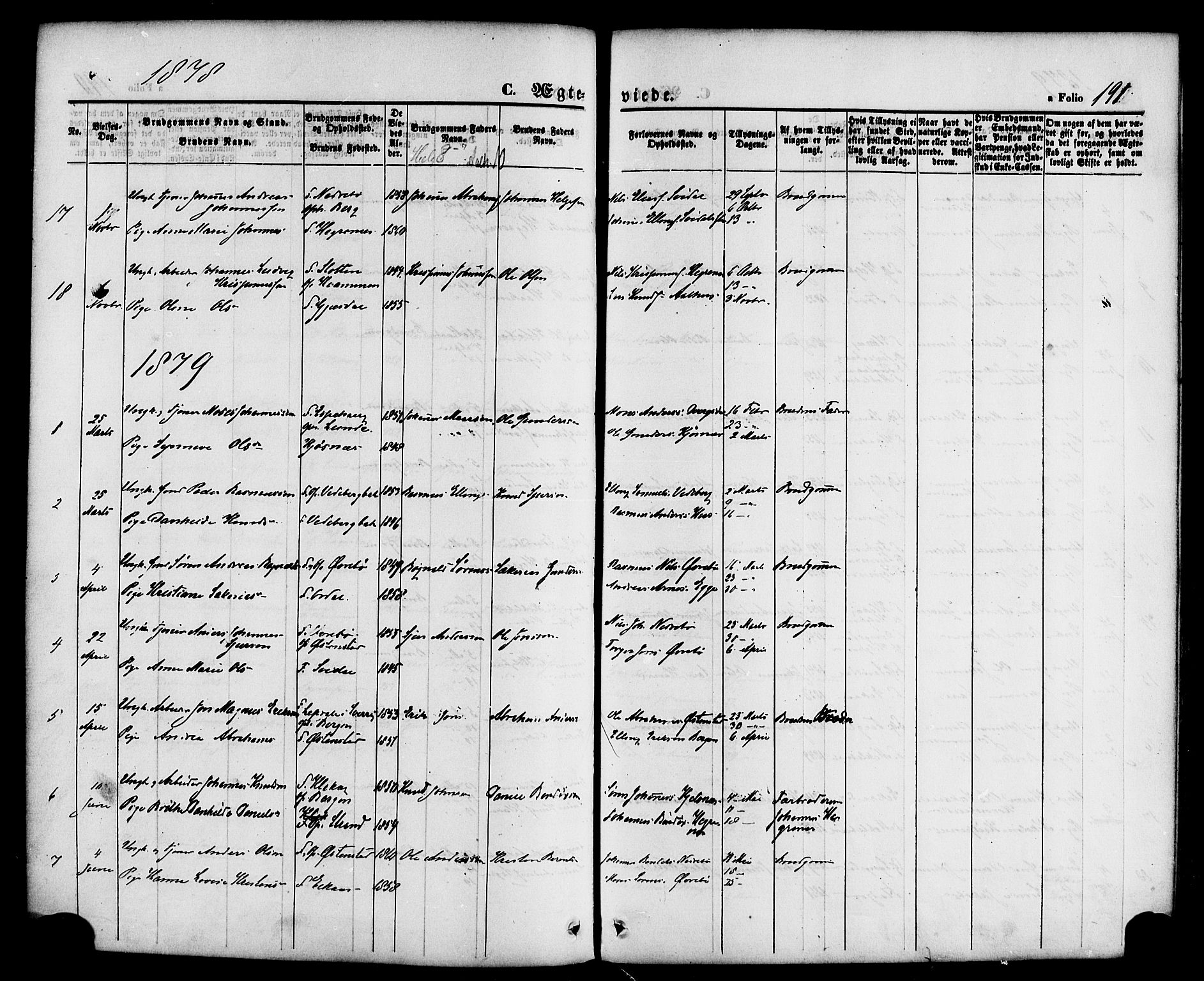 Jølster sokneprestembete, SAB/A-80701/H/Haa/Haaa/L0011: Parish register (official) no. A 11, 1866-1881, p. 191
