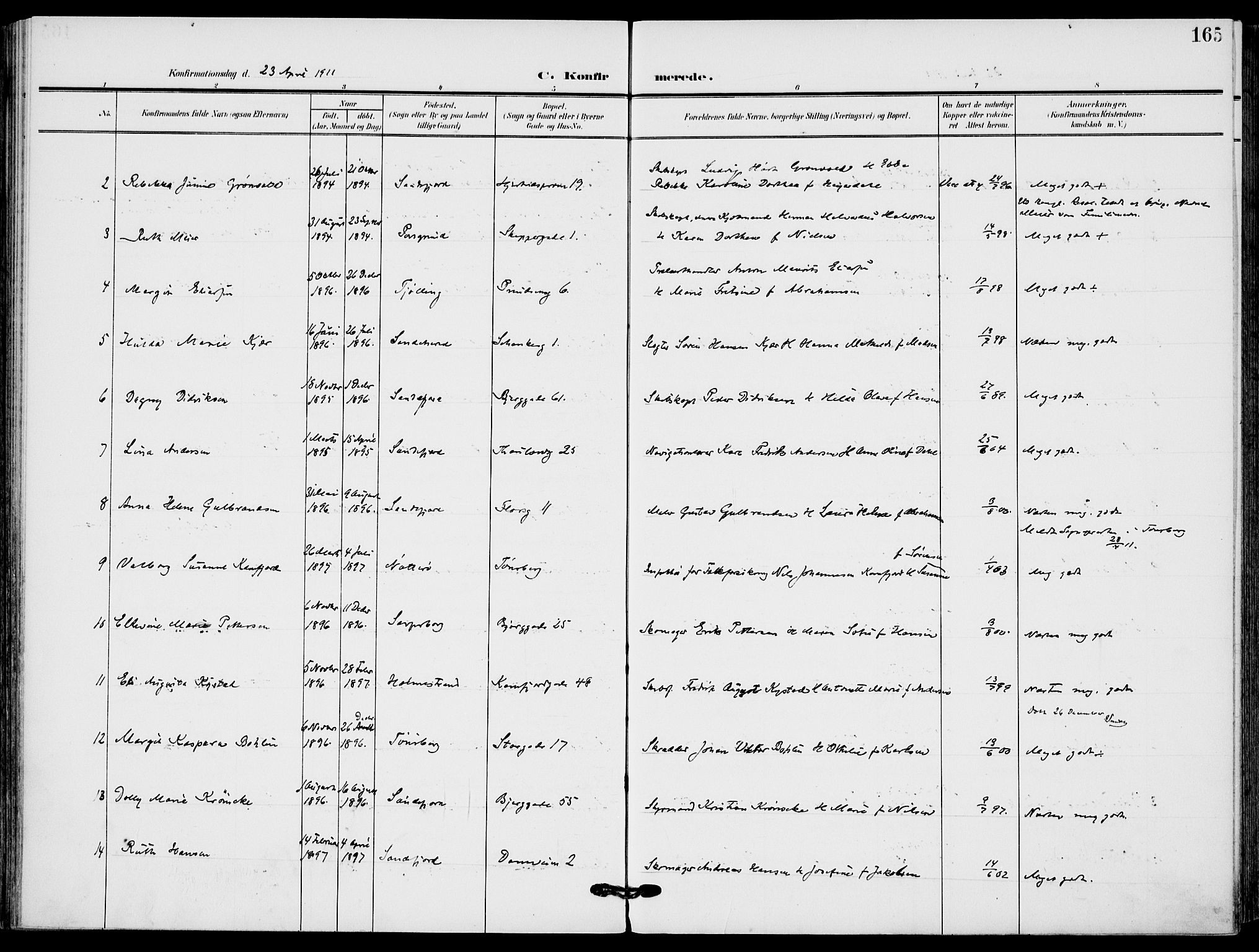 Sandefjord kirkebøker, AV/SAKO-A-315/F/Fa/L0005: Parish register (official) no. 5, 1906-1915, p. 165