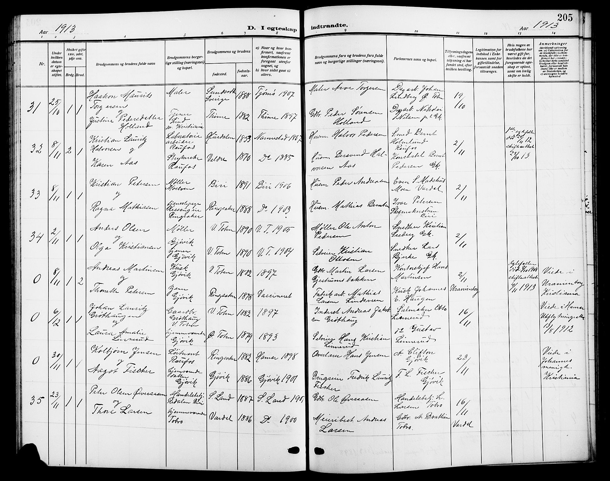 Vardal prestekontor, SAH/PREST-100/H/Ha/Hab/L0014: Parish register (copy) no. 14, 1911-1922, p. 205
