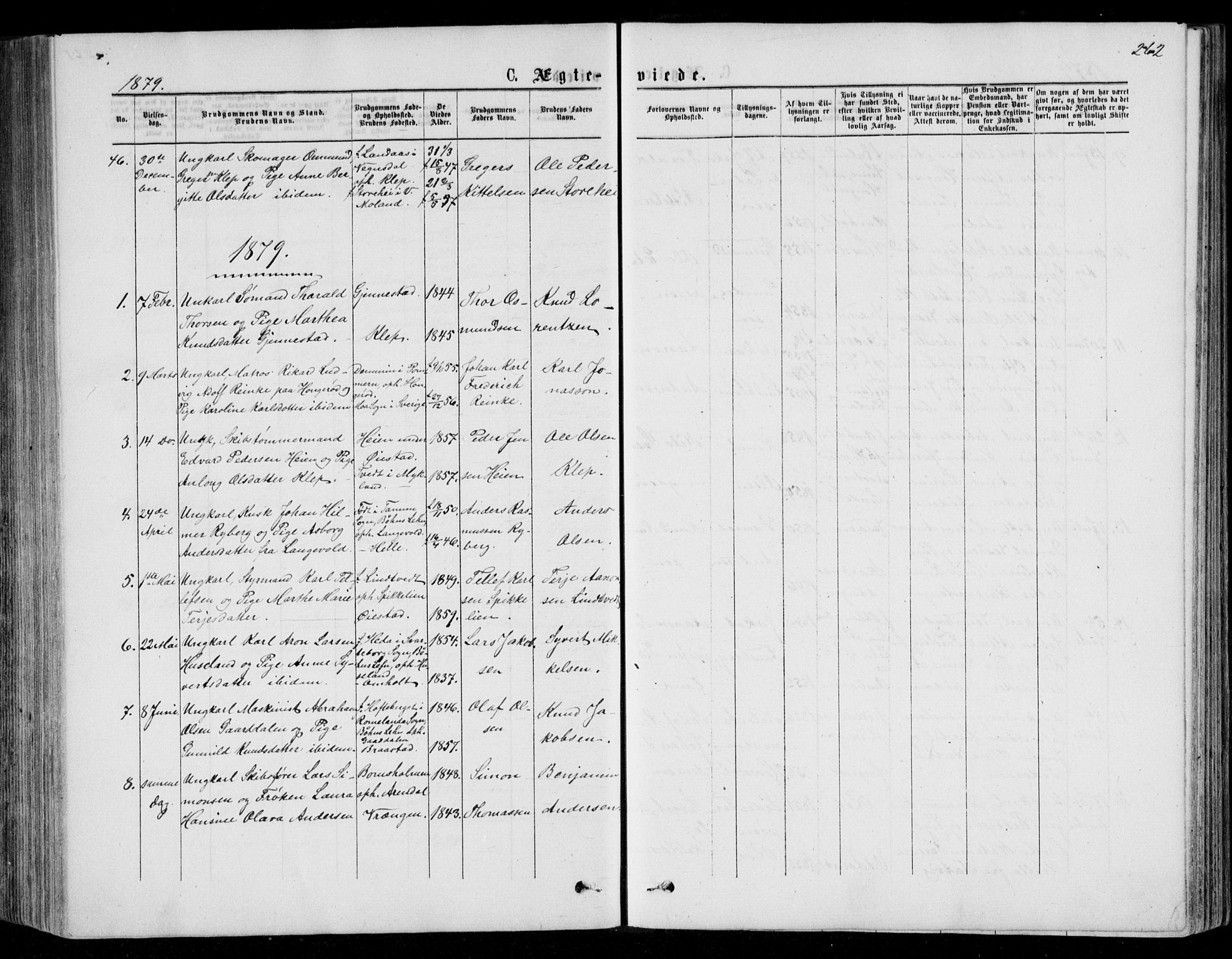 Øyestad sokneprestkontor, SAK/1111-0049/F/Fb/L0008: Parish register (copy) no. B 8, 1872-1886, p. 262