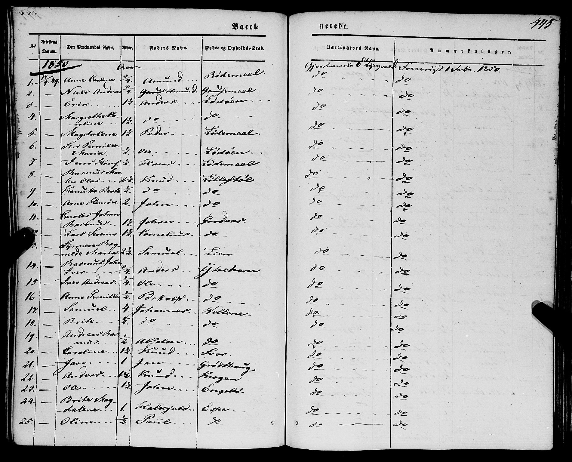 Eid sokneprestembete, SAB/A-82301/H/Haa/Haaa/L0007: Parish register (official) no. A 7, 1844-1858, p. 445