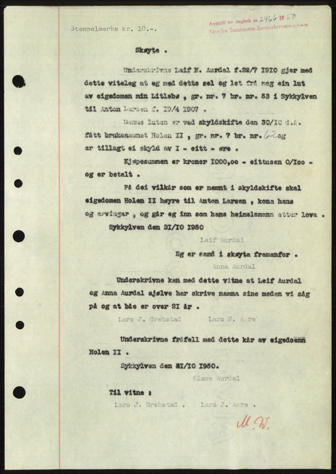 Nordre Sunnmøre sorenskriveri, AV/SAT-A-0006/1/2/2C/2Ca: Mortgage book no. A36, 1950-1950, Diary no: : 2466/1950