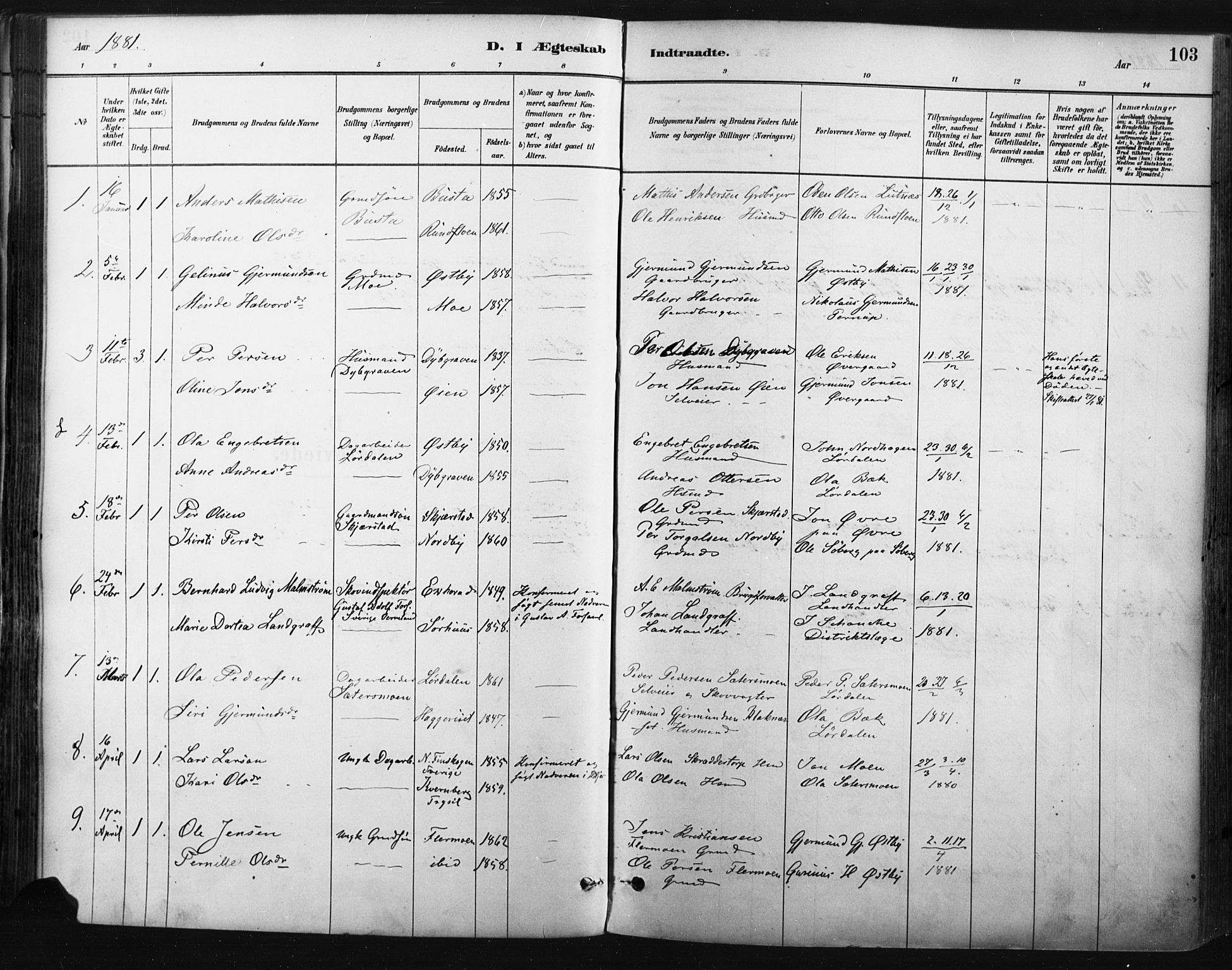 Trysil prestekontor, SAH/PREST-046/H/Ha/Haa/L0009: Parish register (official) no. 9, 1881-1897, p. 103