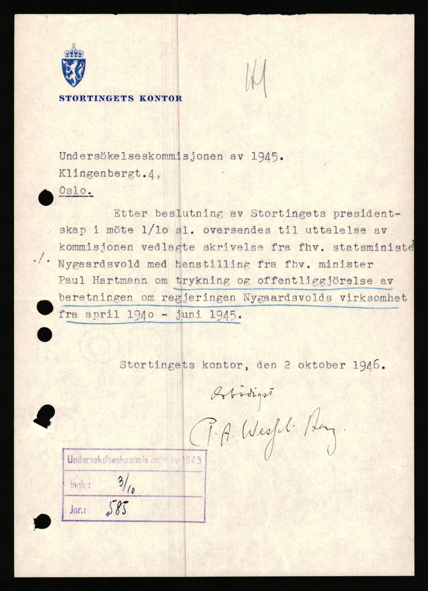 Undersøkelseskommisjonen av 1945, RA/S-1566/D/Db/L0022: Regjeringens virksomhet - Regjeringens utenriks- og forsvarspolitikk, 1940-1945, p. 3