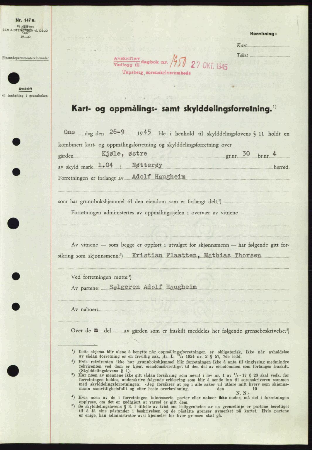 Tønsberg sorenskriveri, AV/SAKO-A-130/G/Ga/Gaa/L0017a: Mortgage book no. A17a, 1945-1945, Diary no: : 1950/1945