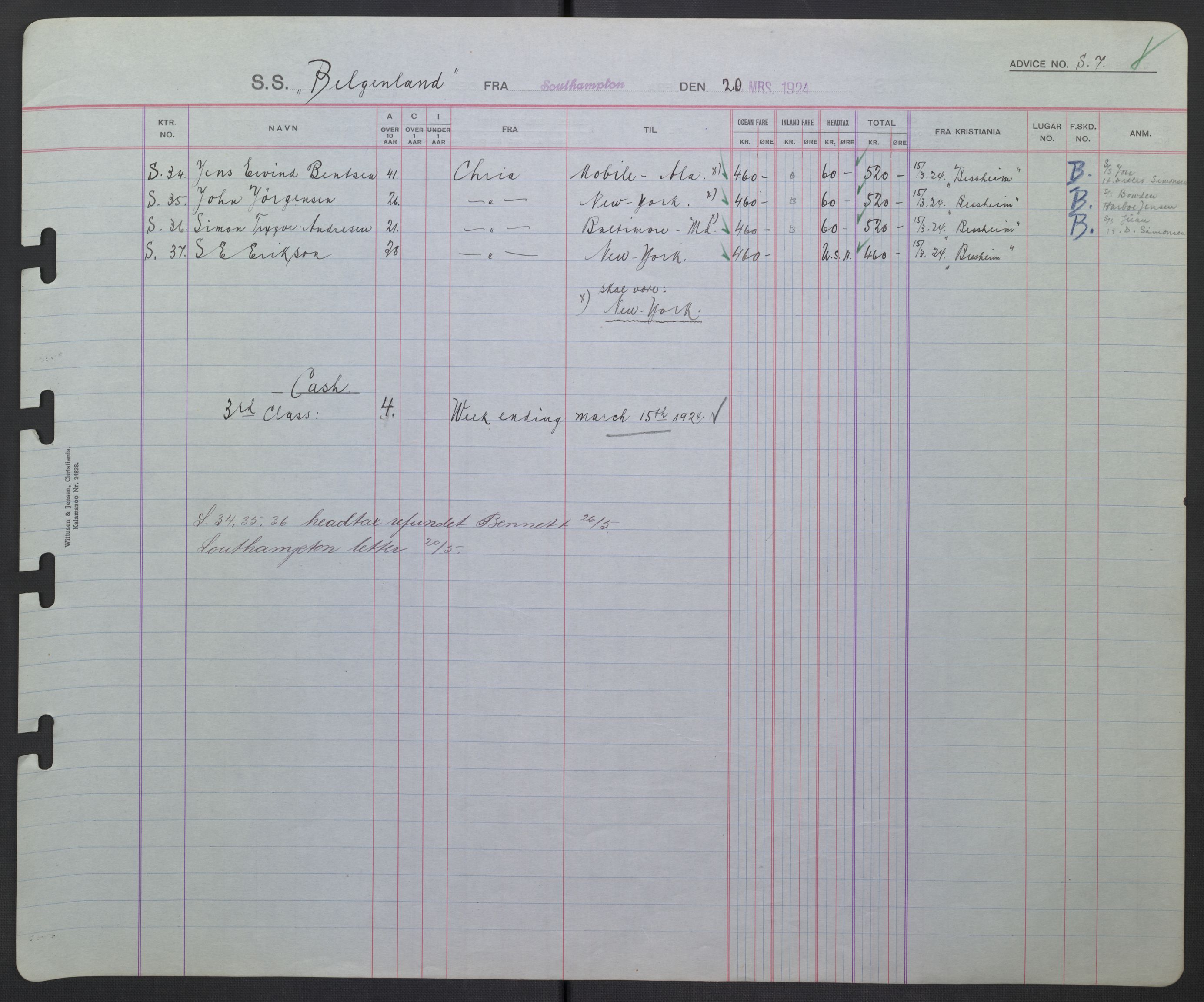 White Star-linjen, AV/SAO-PAO-0201/D/Db/L0002: Passasjerlister, 1924-1927, p. 12