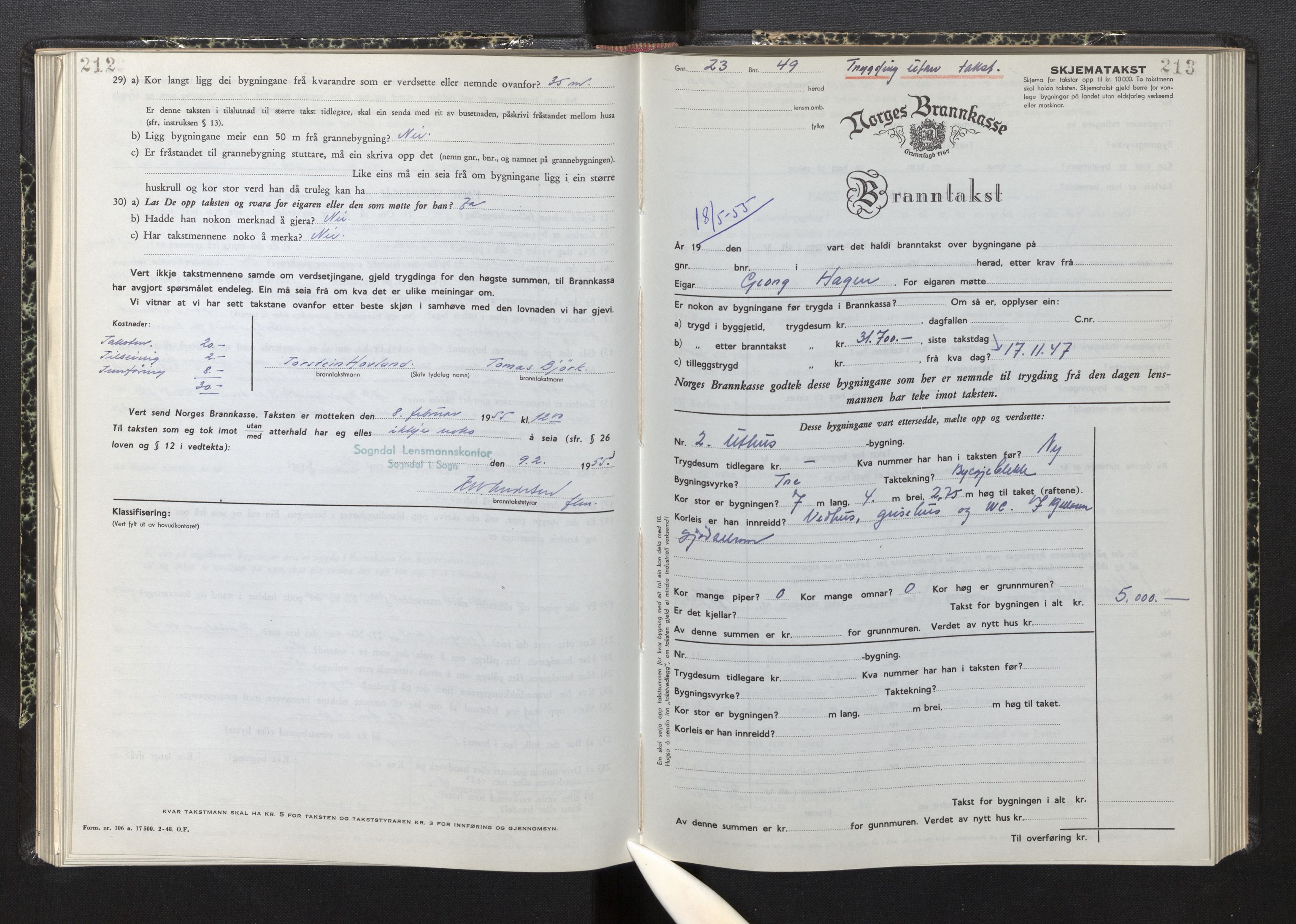 Lensmannen i Sogndal, AV/SAB-A-29901/0012/L0015: Branntakstprotokoll, skjematakst, 1950-1955, p. 212-213