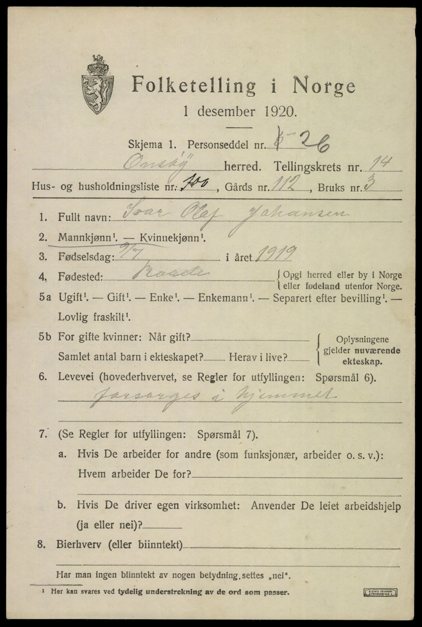 SAO, 1920 census for Onsøy, 1920, p. 17456