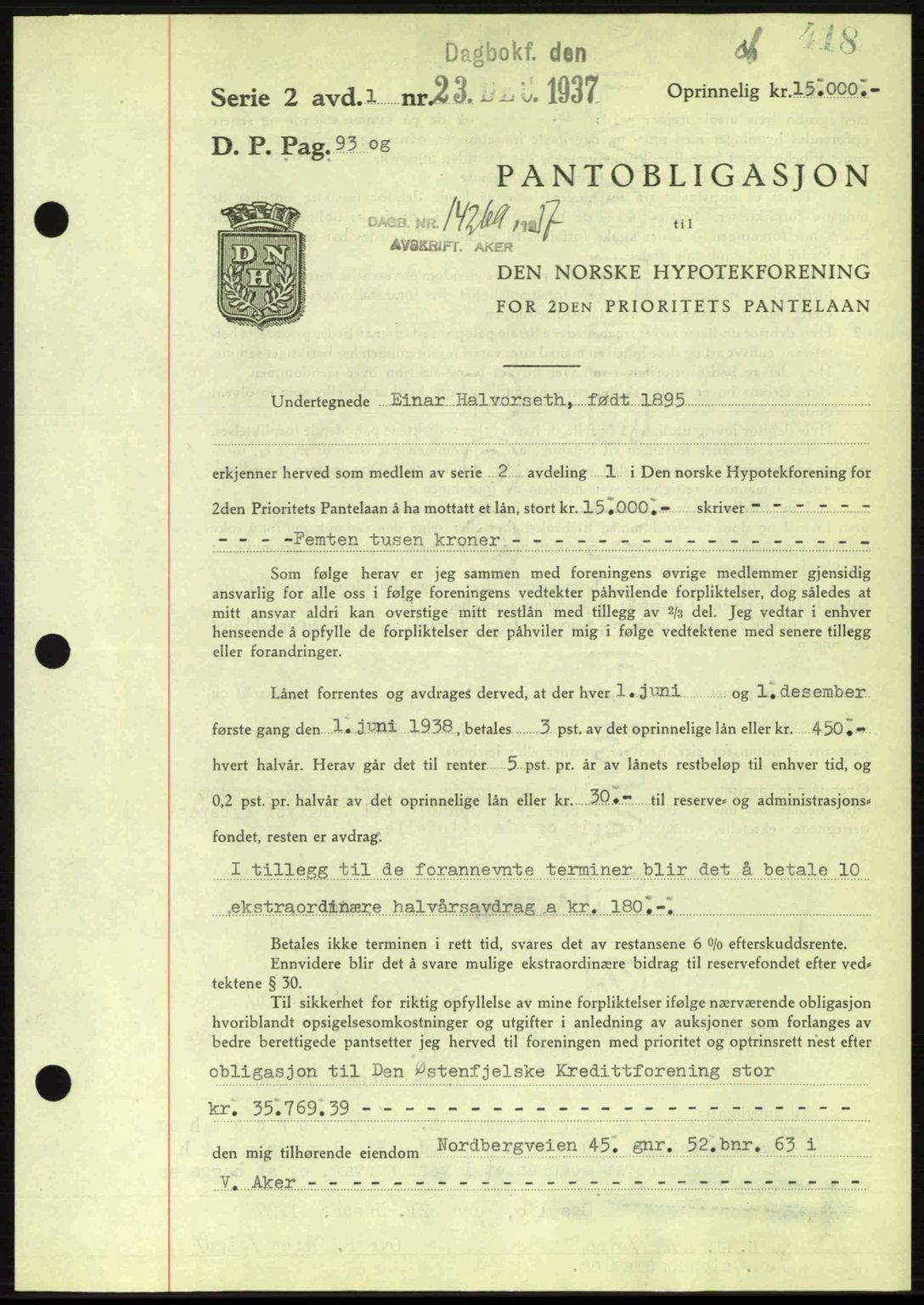 Aker herredsskriveri, SAO/A-10896/G/Gb/Gba/Gbac/L0005: Mortgage book no. B151-152, 1937-1938, Diary no: : 14269/1937