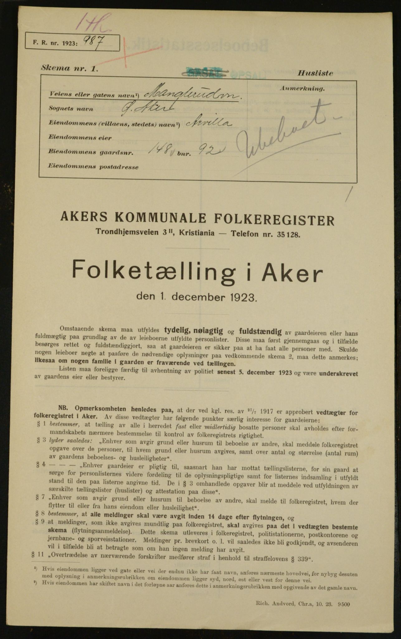 , Municipal Census 1923 for Aker, 1923, p. 28847