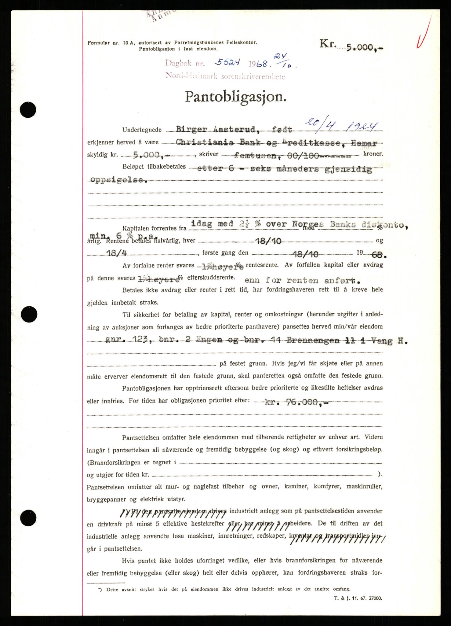 Nord-Hedmark sorenskriveri, SAH/TING-012/H/Hb/Hbf/L0077: Mortgage book no. B77, 1968-1969, Diary no: : 5524/1968