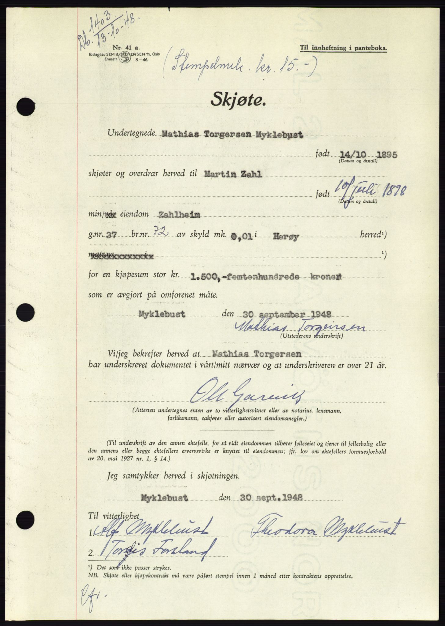 Søre Sunnmøre sorenskriveri, AV/SAT-A-4122/1/2/2C/L0083: Mortgage book no. 9A, 1948-1949, Diary no: : 1403/1948