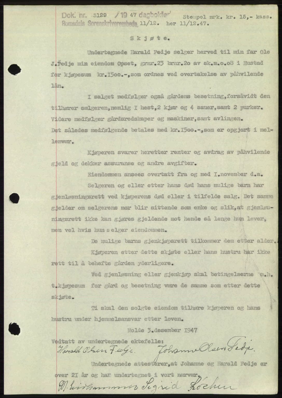 Romsdal sorenskriveri, SAT/A-4149/1/2/2C: Mortgage book no. A24, 1947-1947, Diary no: : 3129/1947