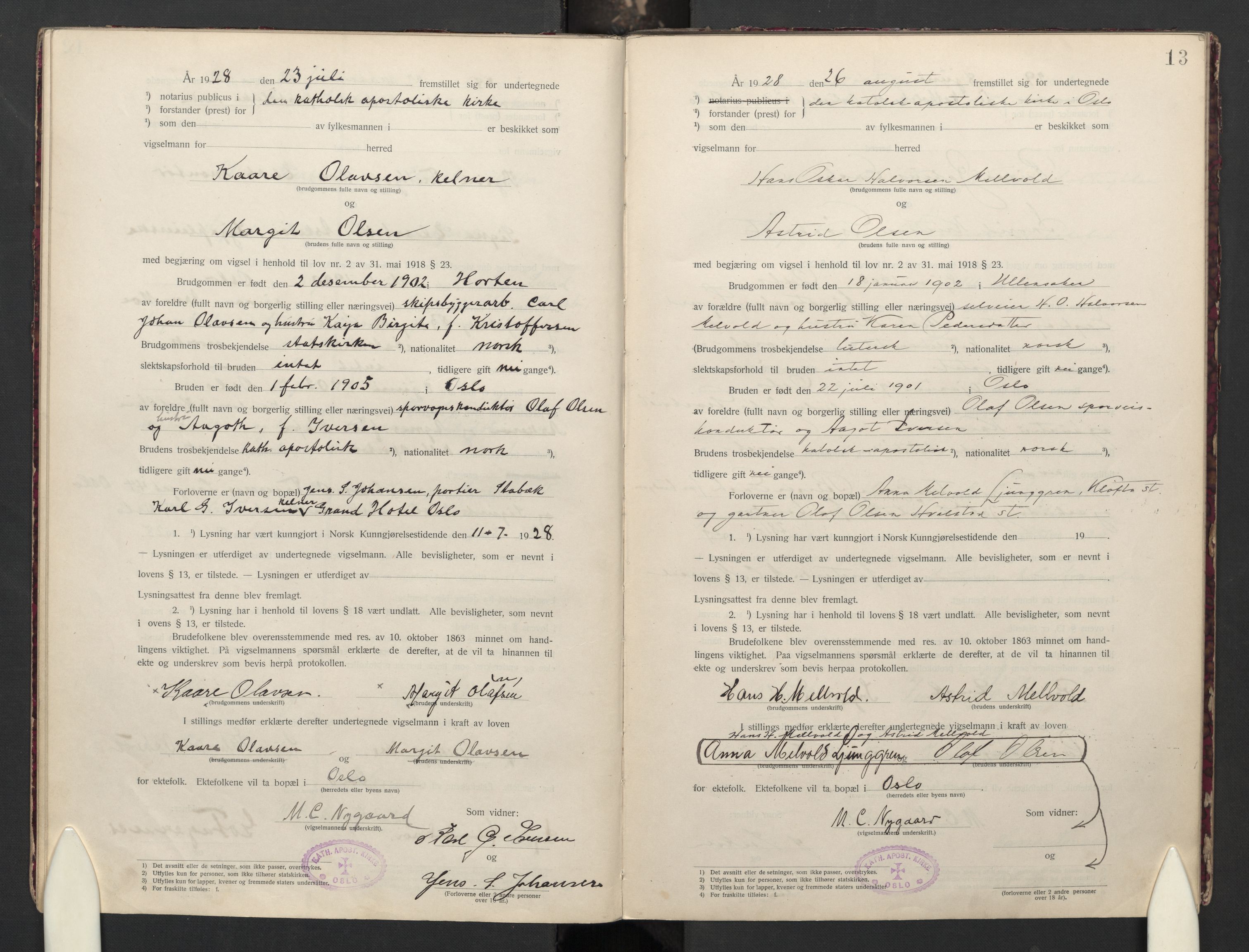 Den katolsk apostoliske menighet i Oslo , AV/SAO-PAO-0214/F/Fb/L0004: Dissenter register no. 4, 1919-1947, p. 13