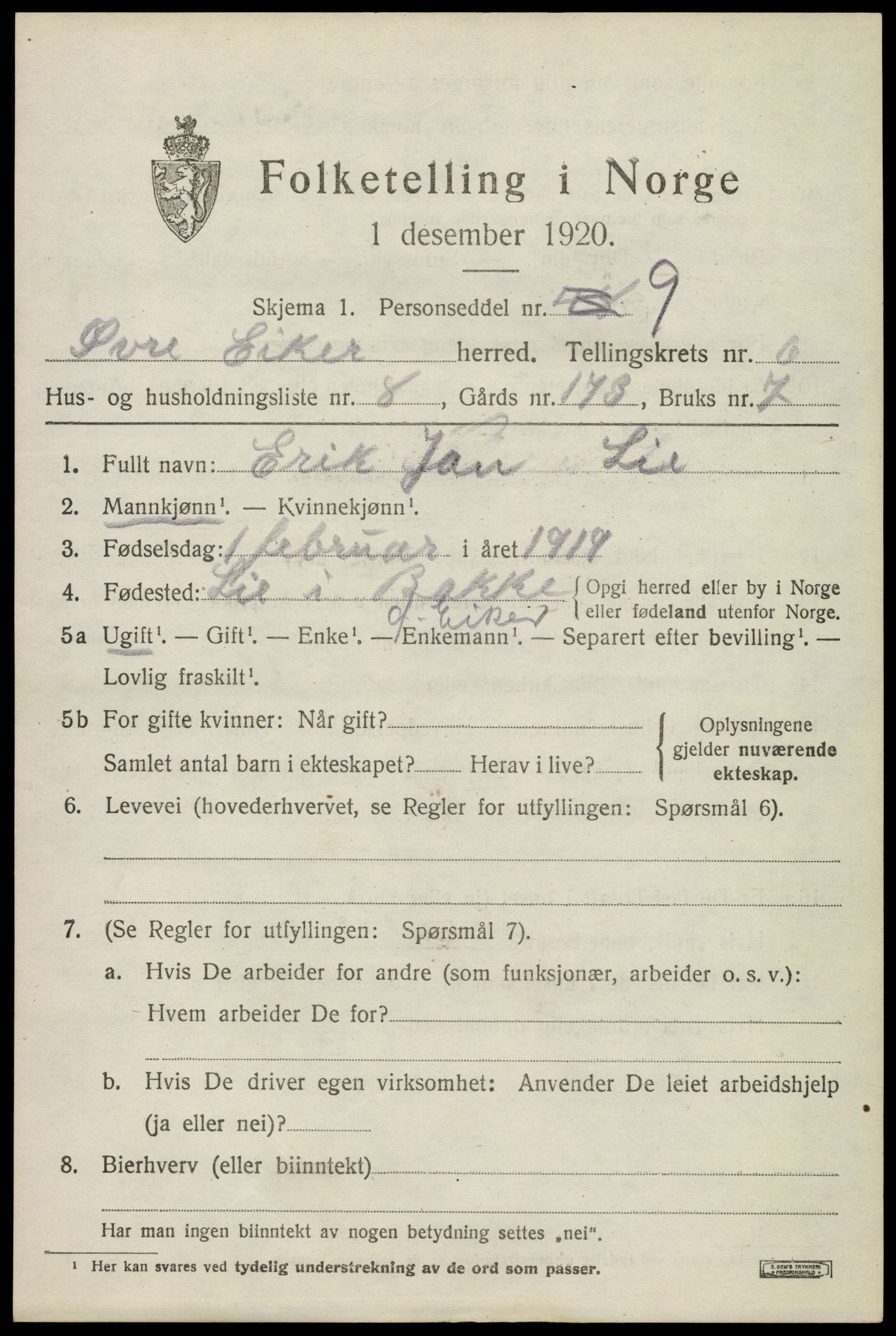 SAKO, 1920 census for Øvre Eiker, 1920, p. 12872