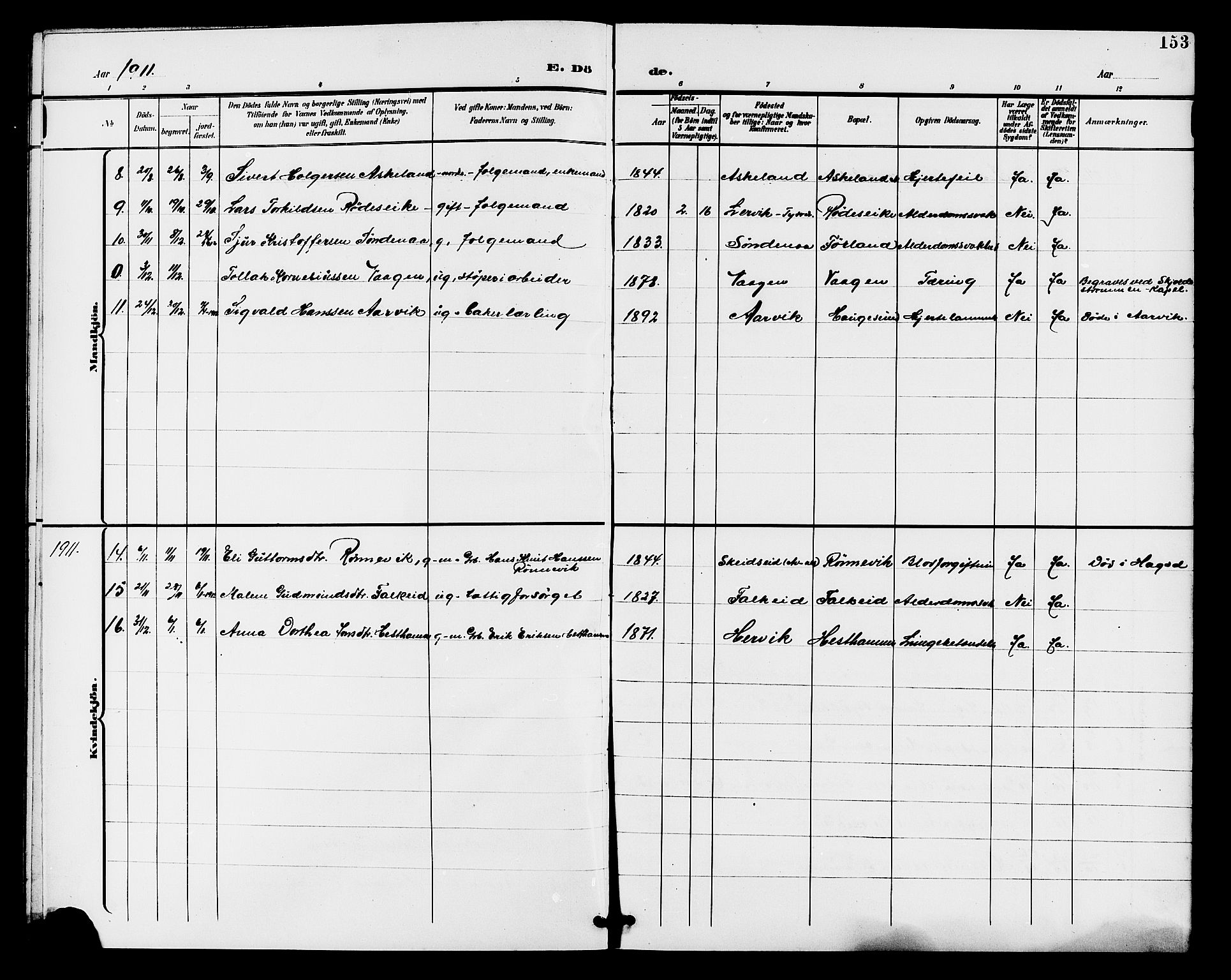 Tysvær sokneprestkontor, AV/SAST-A -101864/H/Ha/Haa/L0008: Parish register (official) no. A 8, 1897-1912, p. 153