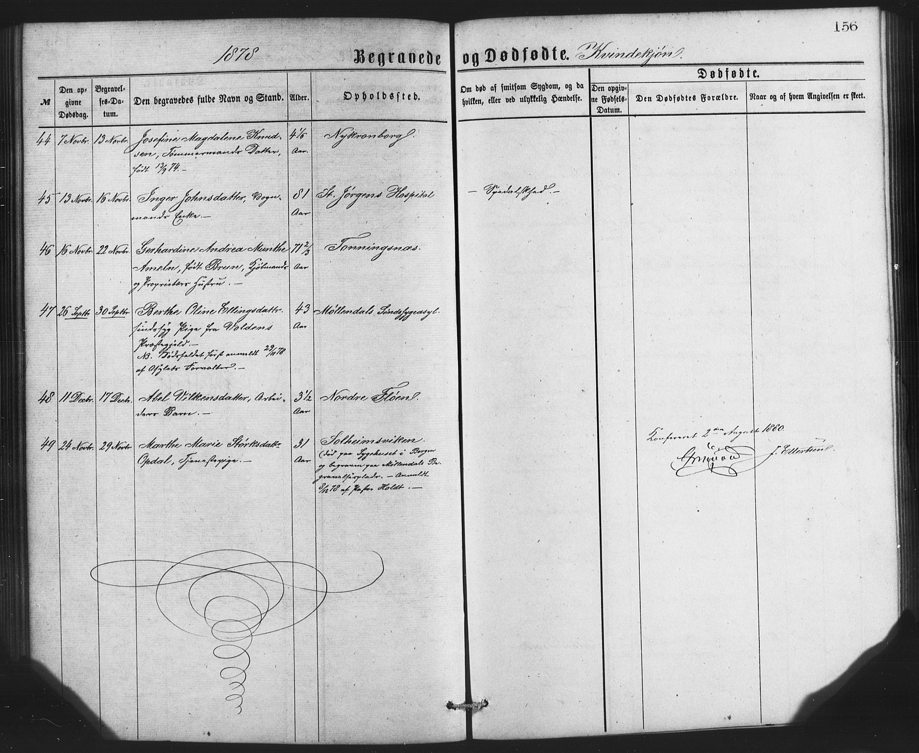 St. Jørgens hospital og Årstad sokneprestembete, AV/SAB-A-99934: Parish register (copy) no. A 8, 1872-1886, p. 156